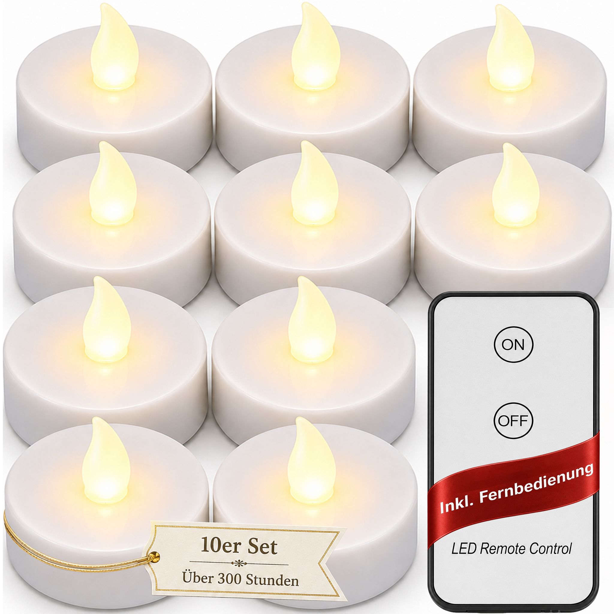 Teelichter Led +300h Elektrisch Flackernd Mit Fernbedienung Mit Batterien Flammenlose Realistische Kerzen Hell Warm Weiß 10er Set Je 3,7cm - Monzana