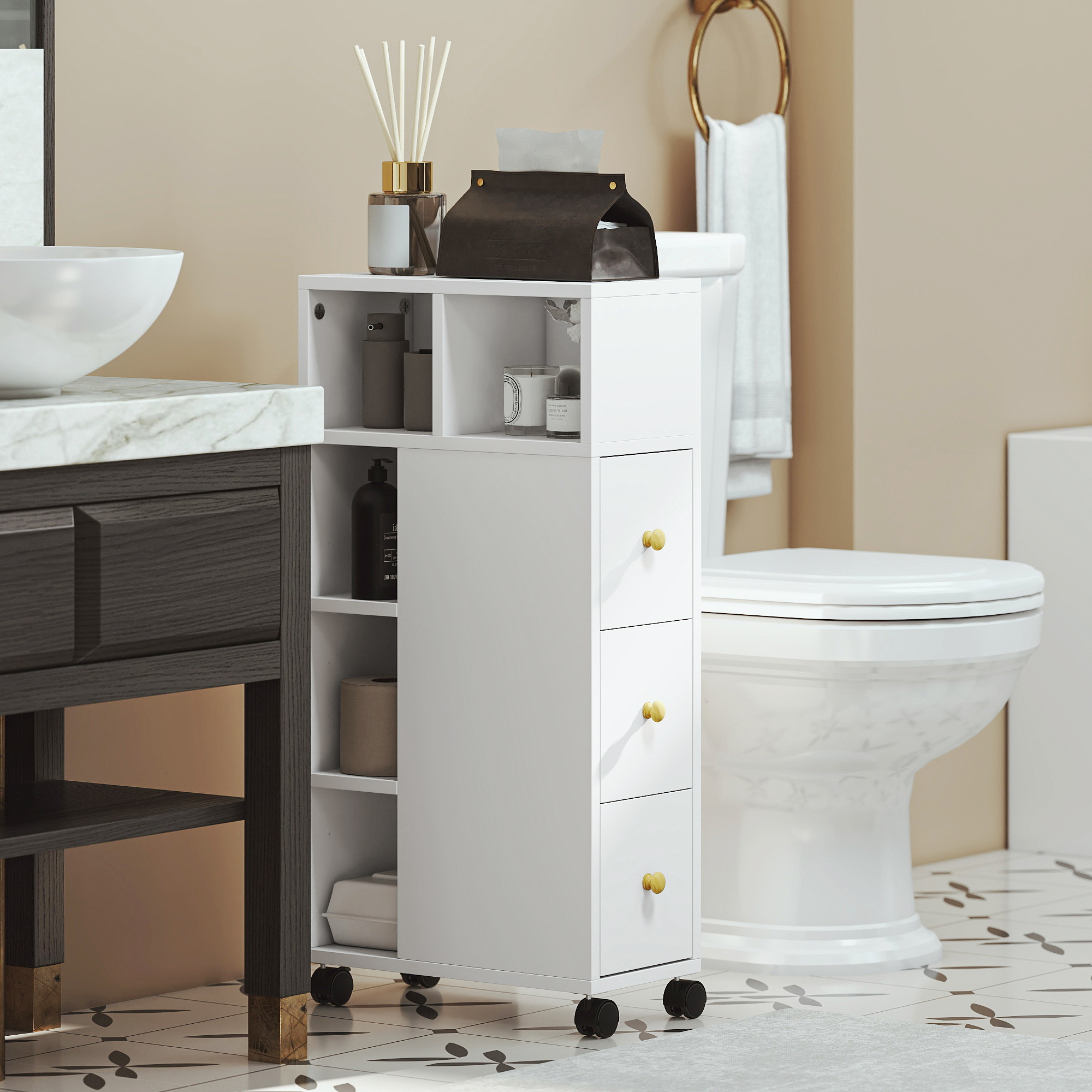 Meuble De Rangement Étroit À Roulettes Pour Salle De Bain – 3 Tiroirs