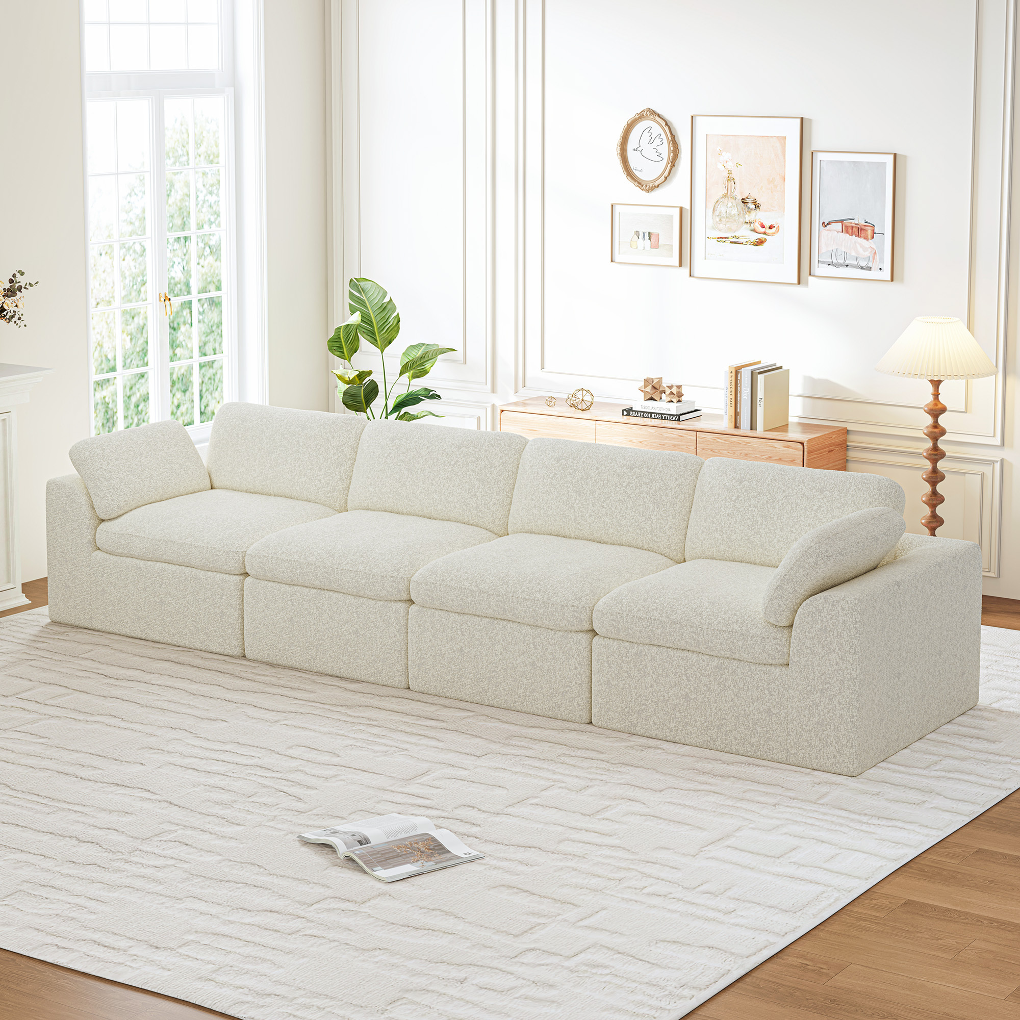 Grand Canapé 4 Places Modulaire Chenille Beige,profondeur D'Assise 60