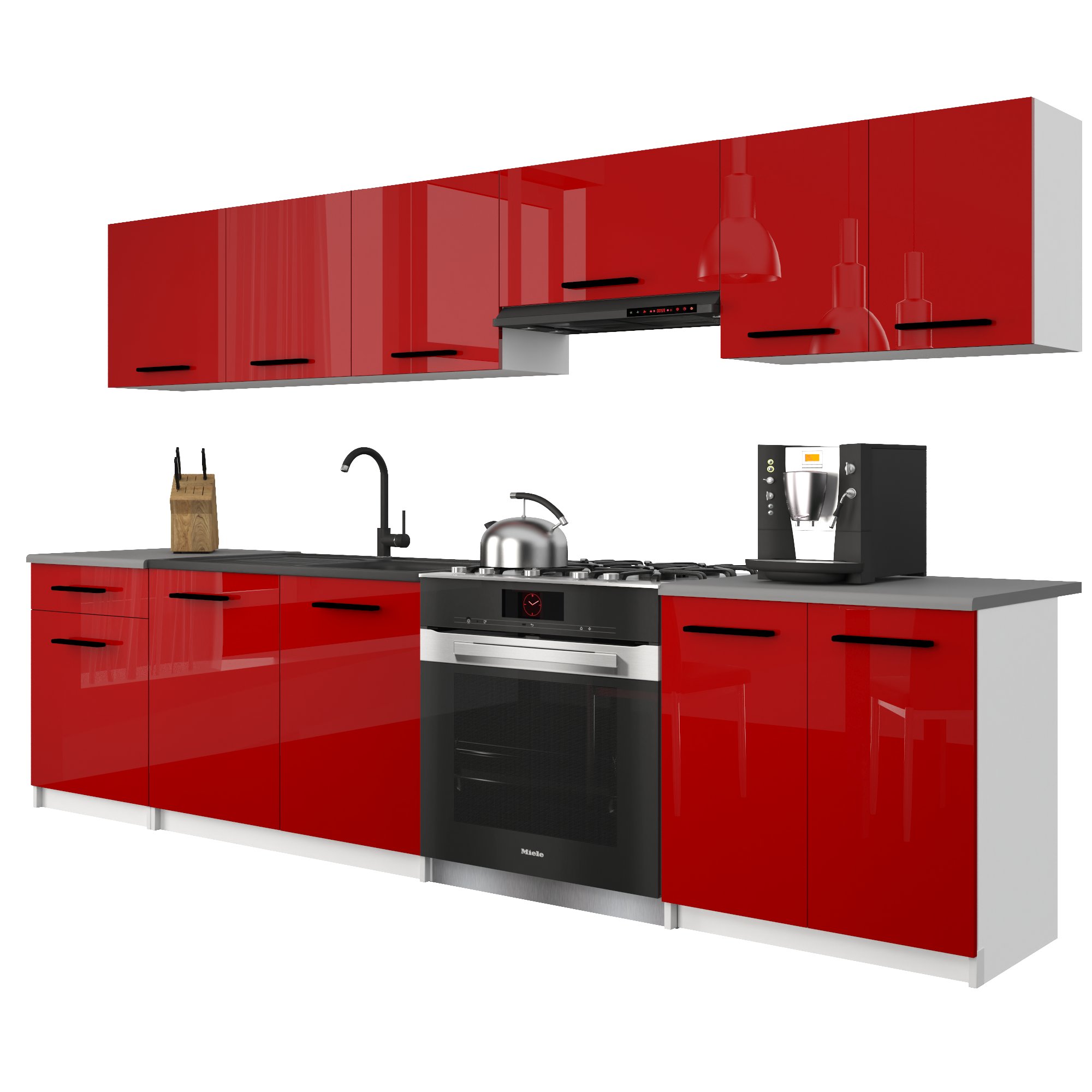 Belini Italia 2 Cuisine Equipée Modulaire Complète - 240 Cm. Meubles Hauts Bas Avec Plan De Travail, Rouge