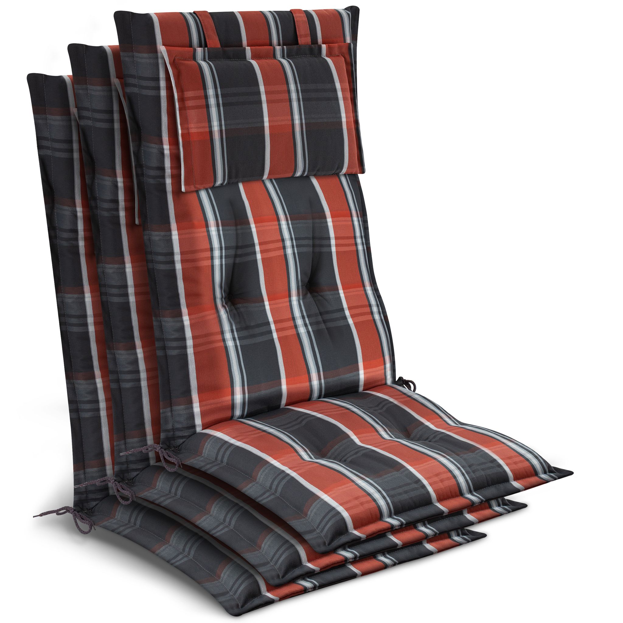 Beautissu 3x Gartenstuhlauflage Hochlehner 120x50x7cm, Grau-orange-weiß-kariert