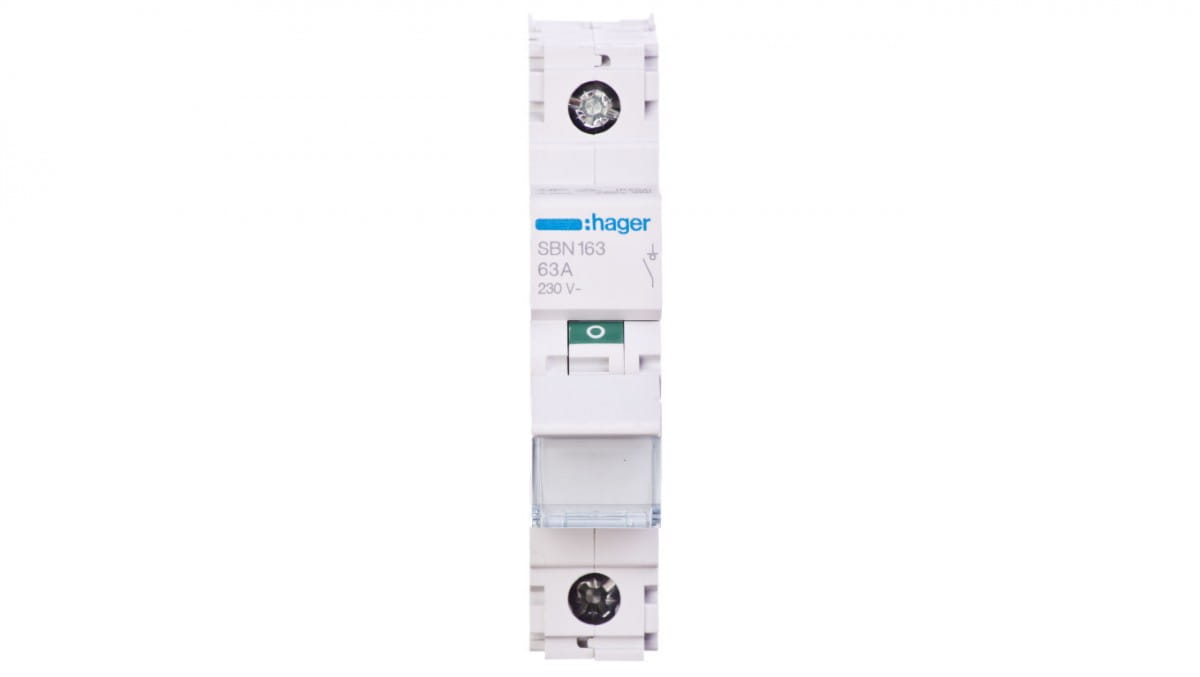 Interrupteur de coupure modulaire 1 pôle sans neutre 63A 230V 50-60Hz connexion à vis Hager