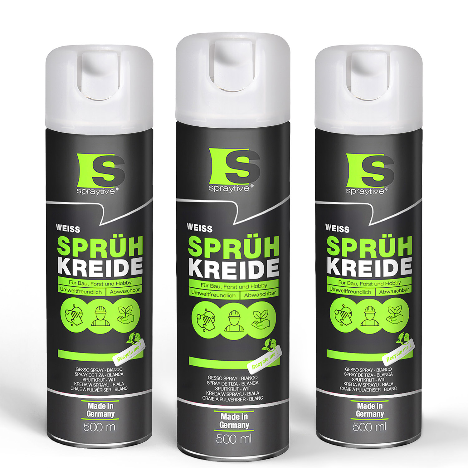 Spraytive 3x 500ml Sprühkreide Weiß - Abwaschbare Leuchtende Kreidefarbe, Outdoor Kreidespray, Bodenmarkierung, Temporäres Markierungsspray