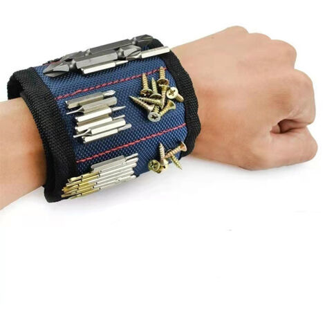Bracelet magnétique porte-outils bleu, 33 x 10 cm, dos adhésif et bande velcro, 1 pièce