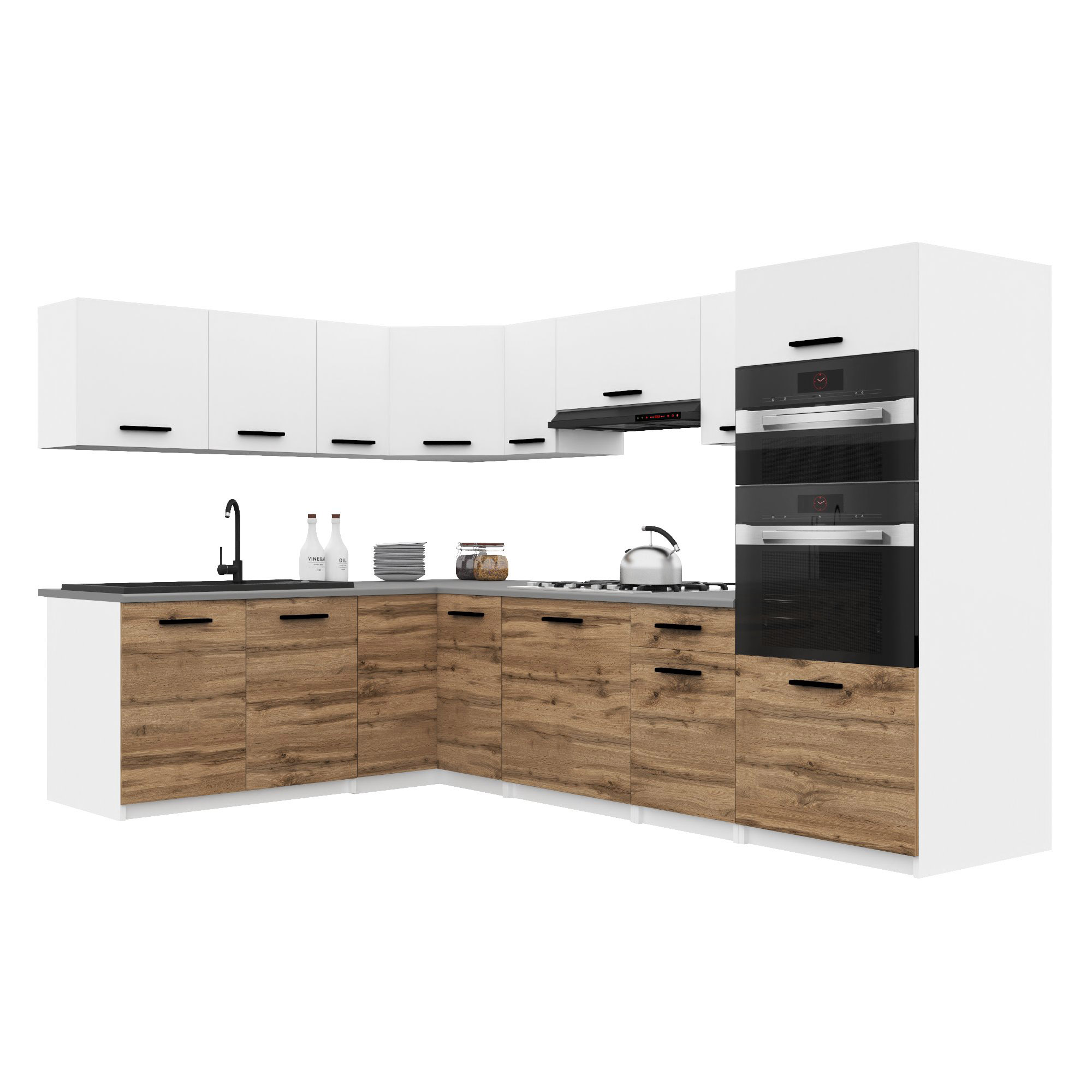 Belini Italia 8 Cuisine Equipée Modulaire Complète - 420 Cm. Meubles Hauts Bas Avec Plan De Travail, Blanc Mat/brun Doré