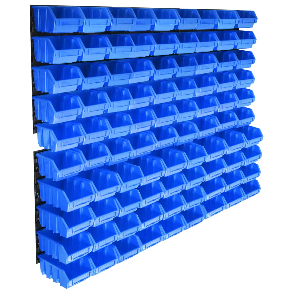 Kit de rangement mural 96 pièces, 6 panneaux et 90 bacs plastique bleu amovibles et empilables
