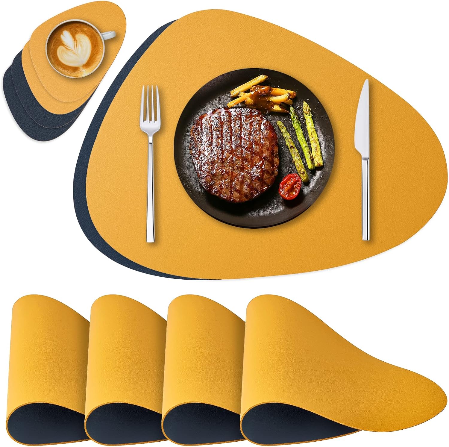 Ensemble De Sets De Table Cuir Et Dessous De Verre De 4, Tapis Résistant À La Chaleur Facile À Nettoyer, Sets De Table Antidérapants Et Imperméables À Double Face - Bleu Orange