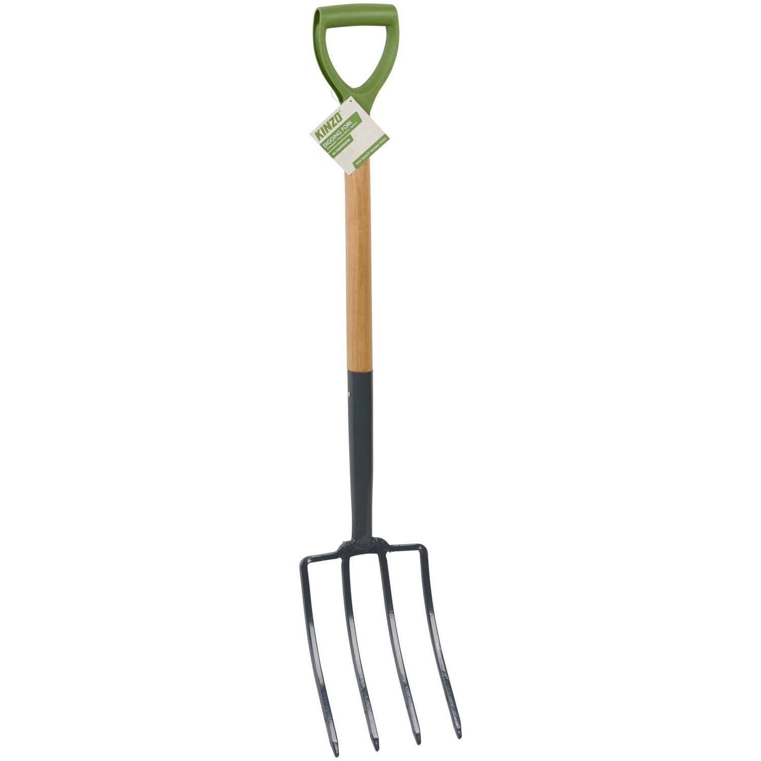 Fourche À Bêcher Jardin 4 Dents Acier Kinzo - Manche Bois 105cm & Poignée Ergonomique - Outil Jardinage Sols Durs & Aération