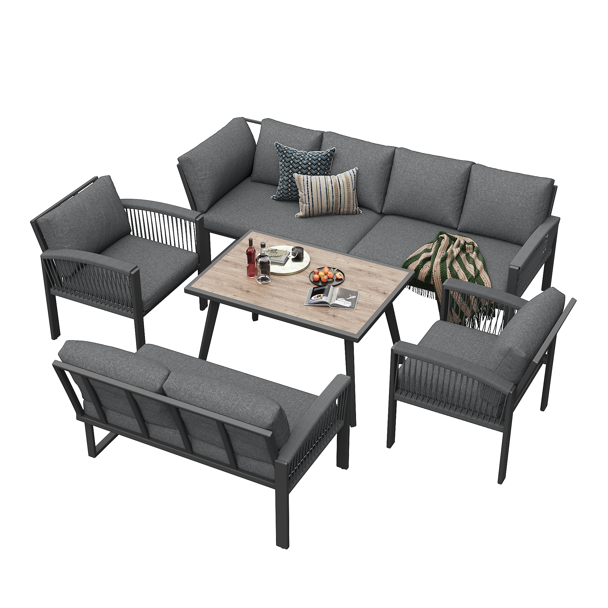 Stilvora 8-sitzer Gartenmöbel Aus Metall Und Polyester Mit Tisch, 3 Sofas, 2 Sesseln Mit Geflochtenen Armlehnen Und Dicken Kissen, Grau