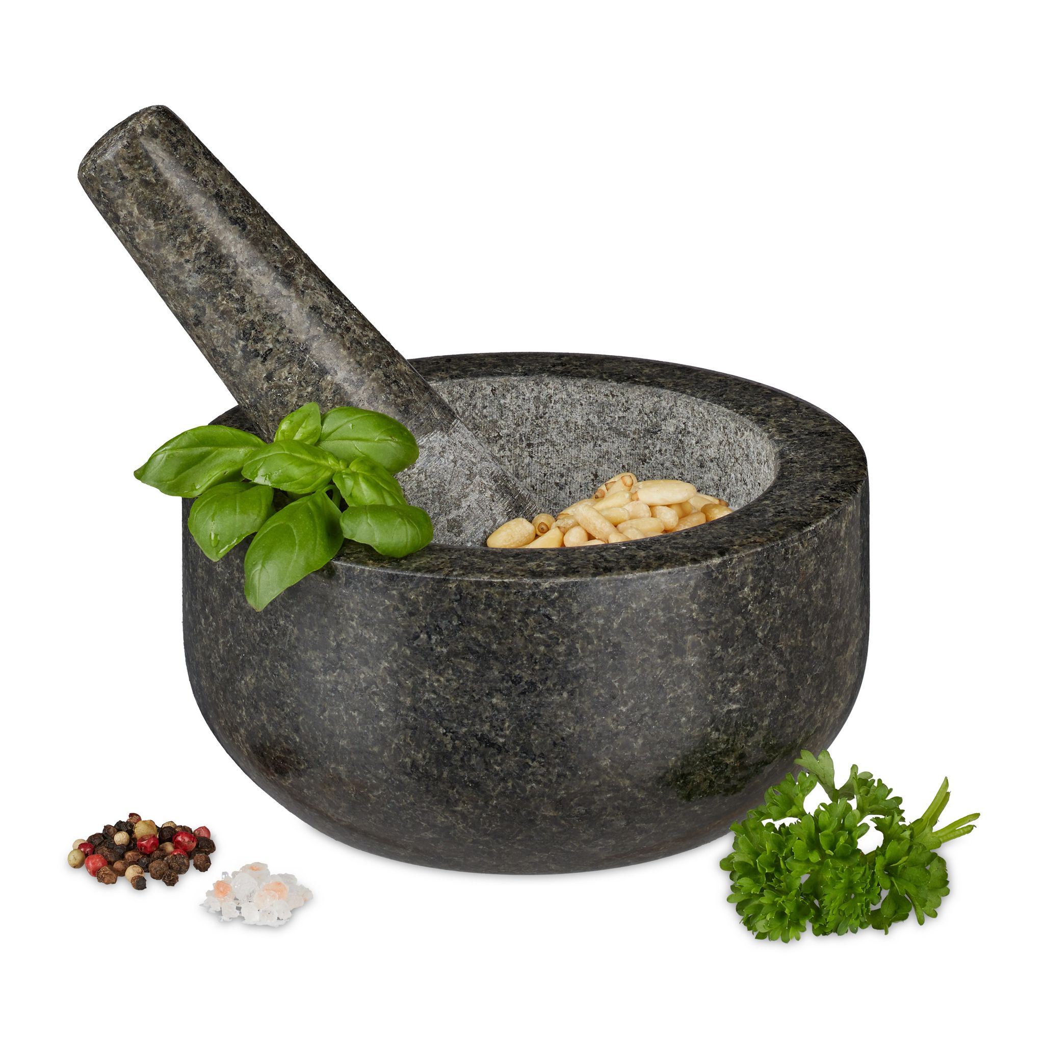 Relaxdays - Granit Mörser Mit Stößel, Robust & Langlebig, Gewürze, Kräuter, Polierter Steinmörser, Ø 16 Cm, 400 Ml, Grau 4052025299569