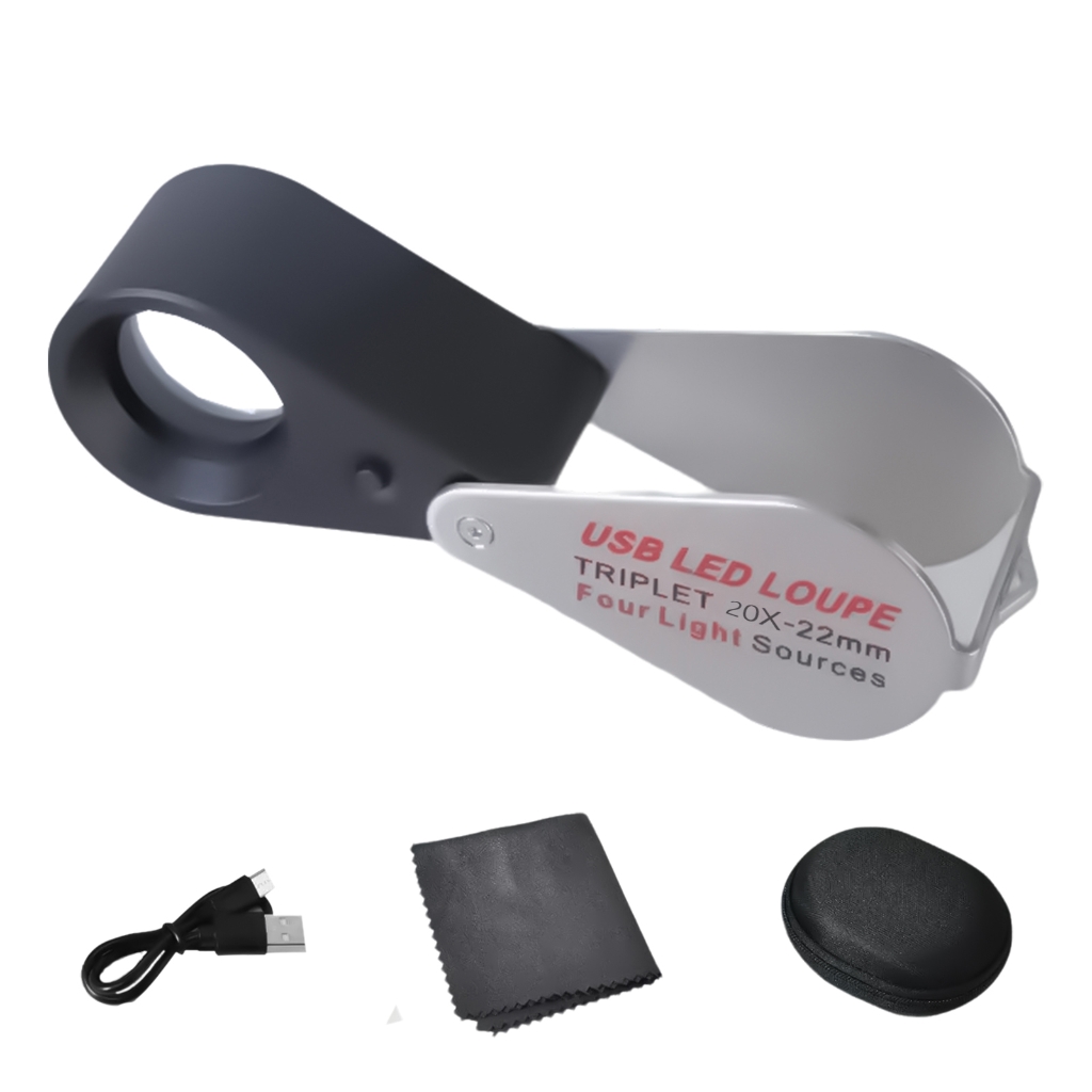 Loupe de poche de bijoutier à LED, verre optique, grossissement 10x/20x/30x, corps aluminium, batterie rechargeable