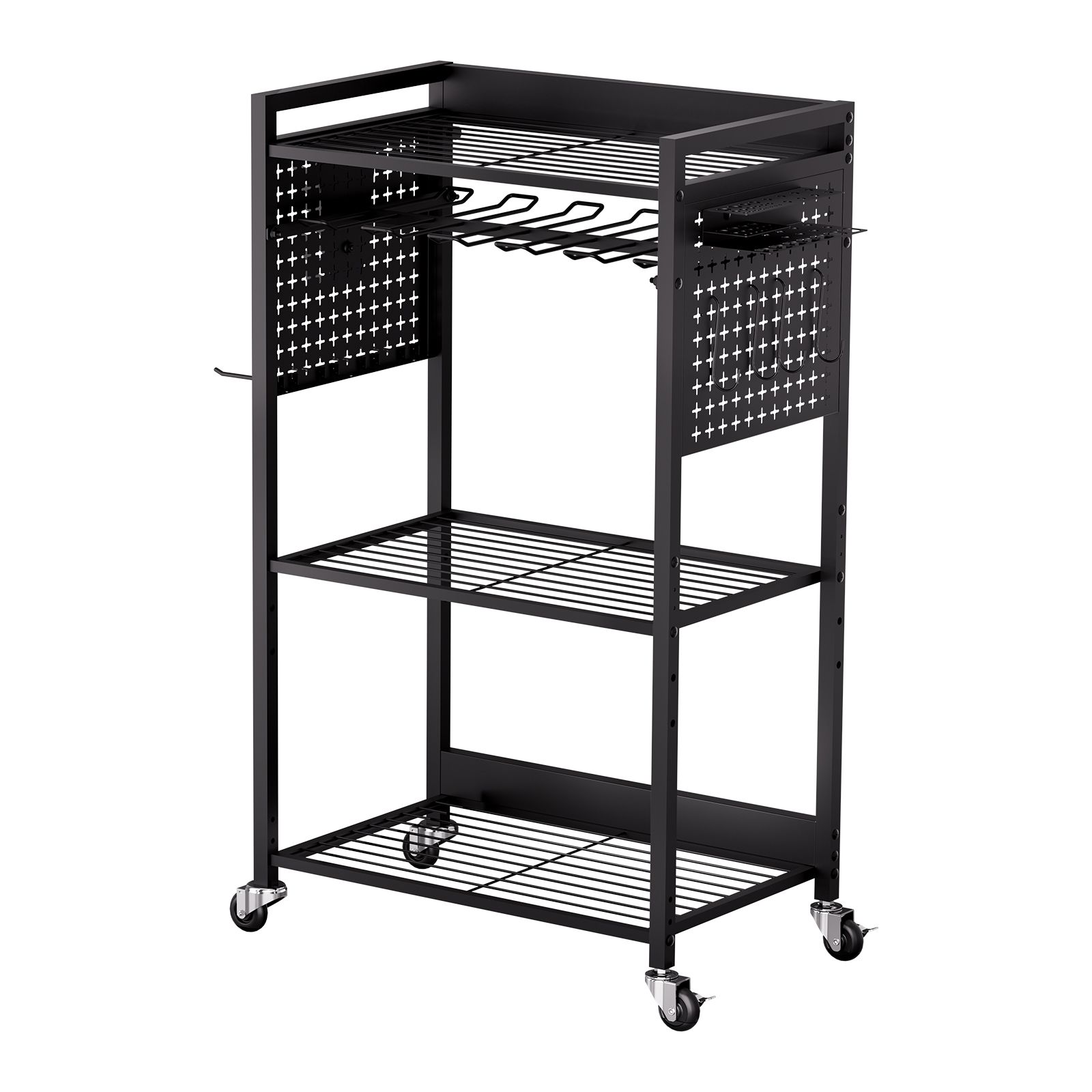 Chariot d'atelier 4 niveaux à roulettes avec support perceuse, acier, noir, 68 kg