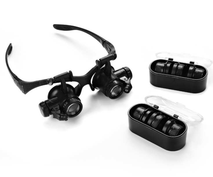 Loupe frontale à 4 lentilles interchangeables 10x 15x 20x 25x, 2 LED, bandeau ajustable, 60 g