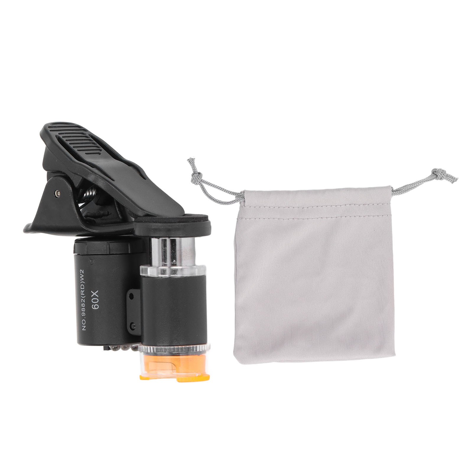 Microscope de poche 60x pour smartphone, lentille acrylique HD, 2 LED et lumière UV, fixation par pince