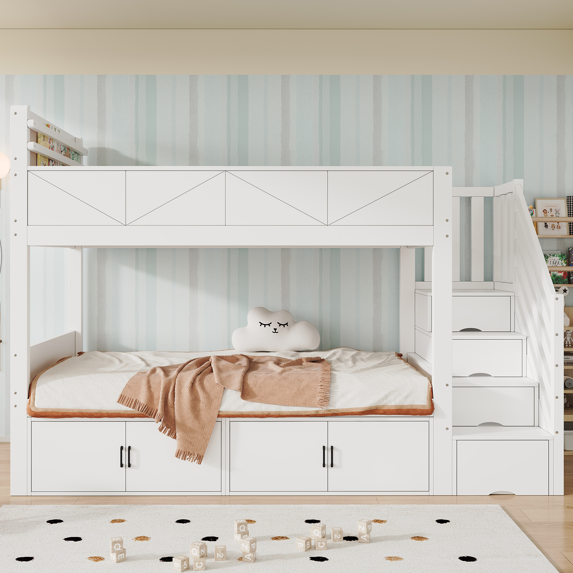 Lit Superposé 90x200 Avec Escalier Rangement Et Rangements Fermés - Pin