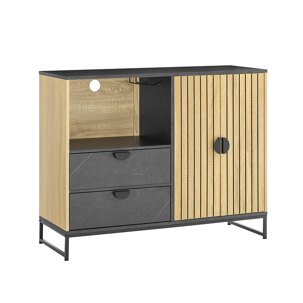 SoBuy FSB103-N Armario de cocina Aparador con compartimento para microondas (Ø 6cm) y puerta de láminas Roble-Negro 107x40x85cm