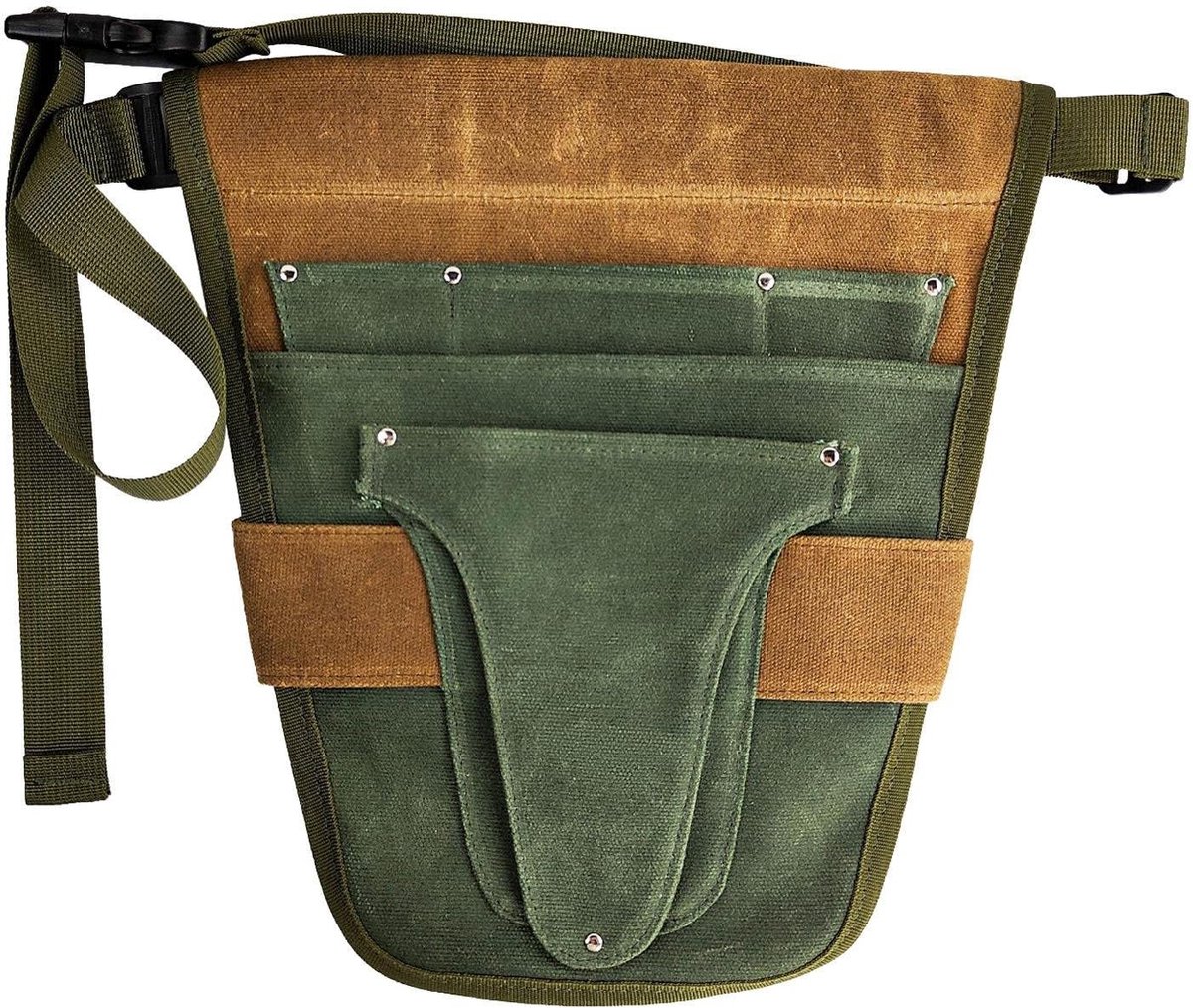Ceinture à outils en toile, 5 poches, sangle réglable, vert et marron, 30 x 28,5 cm