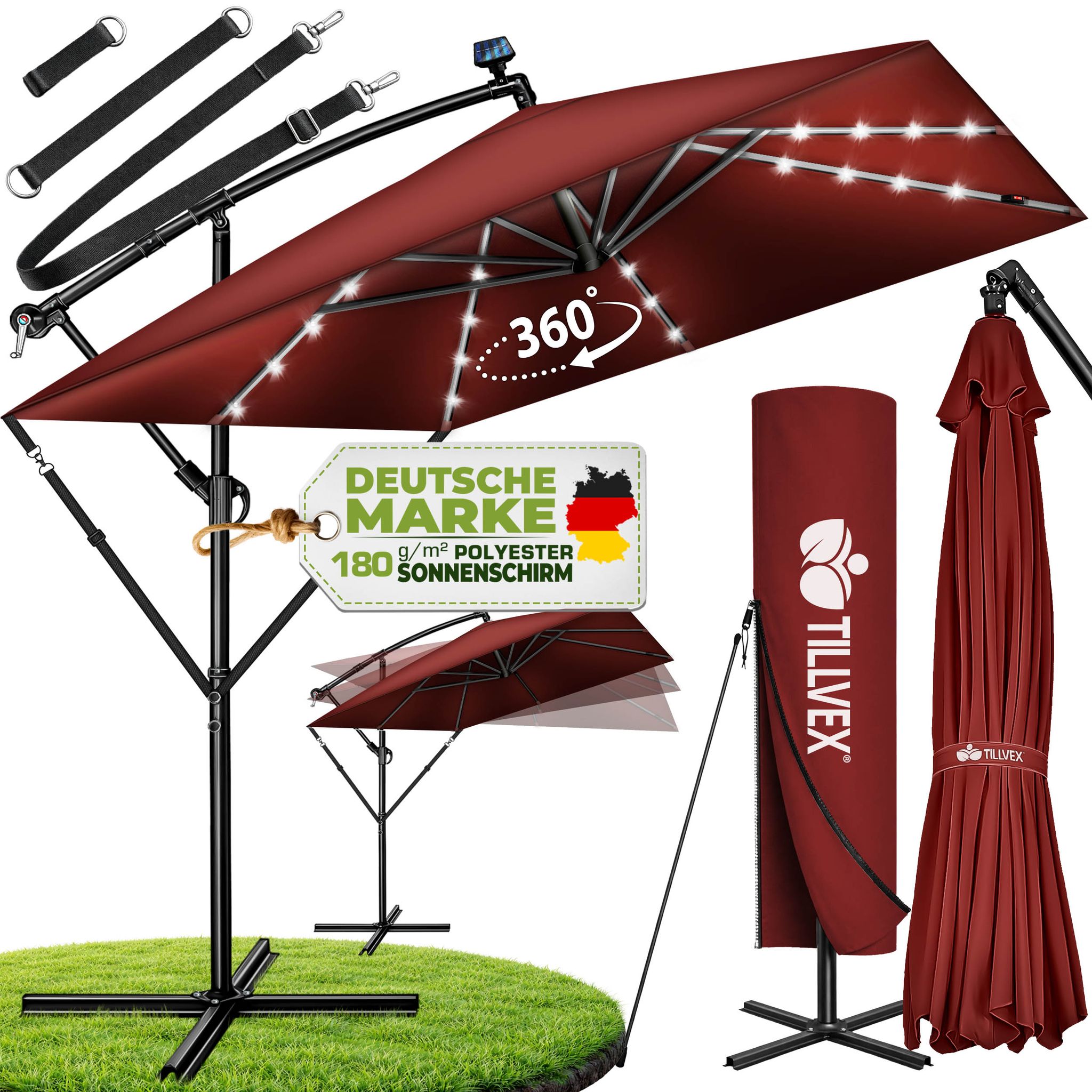 Tillvex® Alu Sonnenschirm Rechteckig Ø 330 Cm Mit Led Solar Rot + Abdeckung Mit Kurbel Ampelschirm Mit Ständer & Windschutz Gartenschirm Uv-schutz,