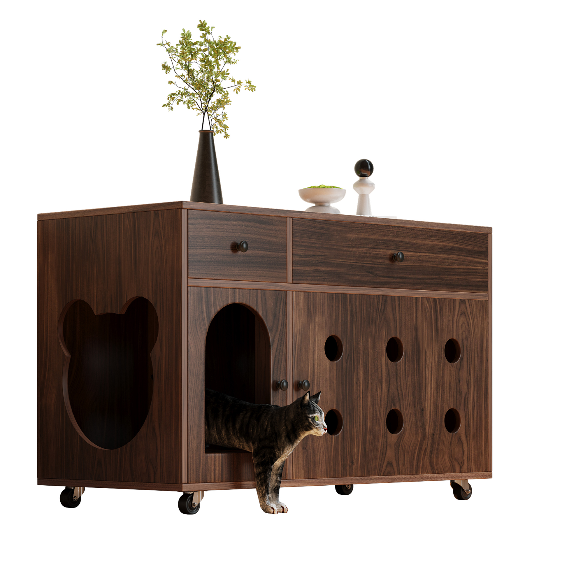 Stilvora Katzenklo Schrank Mit 2 Schubladen Und Abnehmbarer Sandfangplatte, Aus Mdf, 100×45×66 Cm, Walnuss
