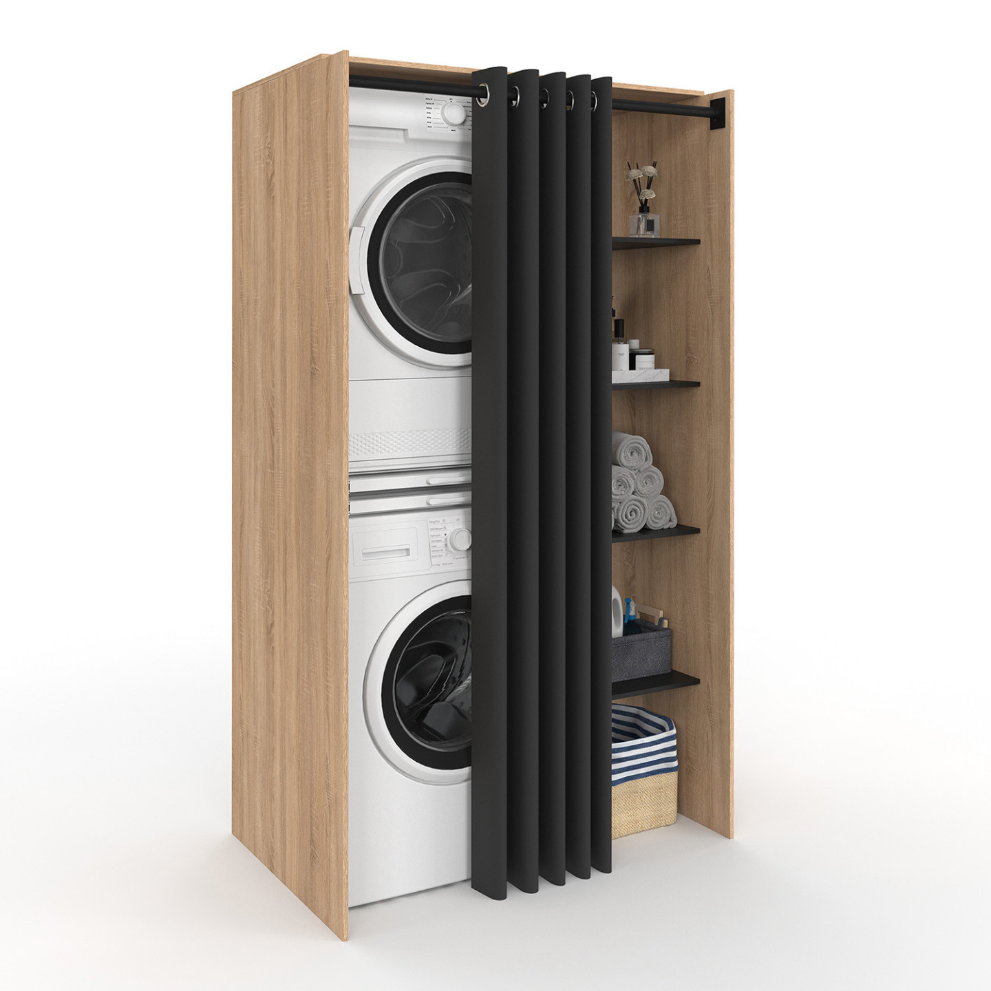 Meuble De Buanderie Double Machine À Laver Avec Rideau Coulissant