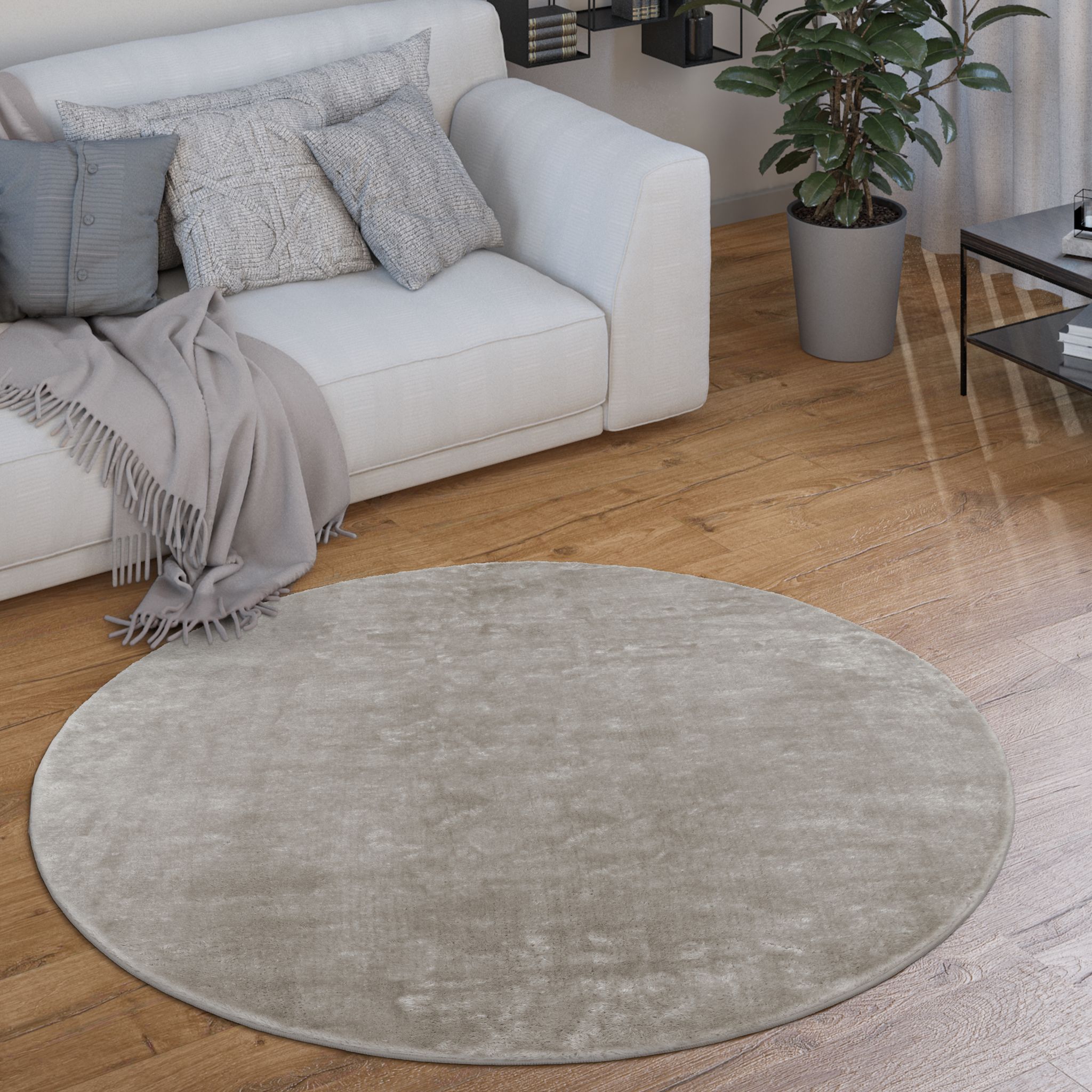 Paco Home - Teppich Rund Wohnzimmer Kurzflor Modern Flauschig Waschbar Einfarbig Rutschfest Grau, 200 Cm Rund