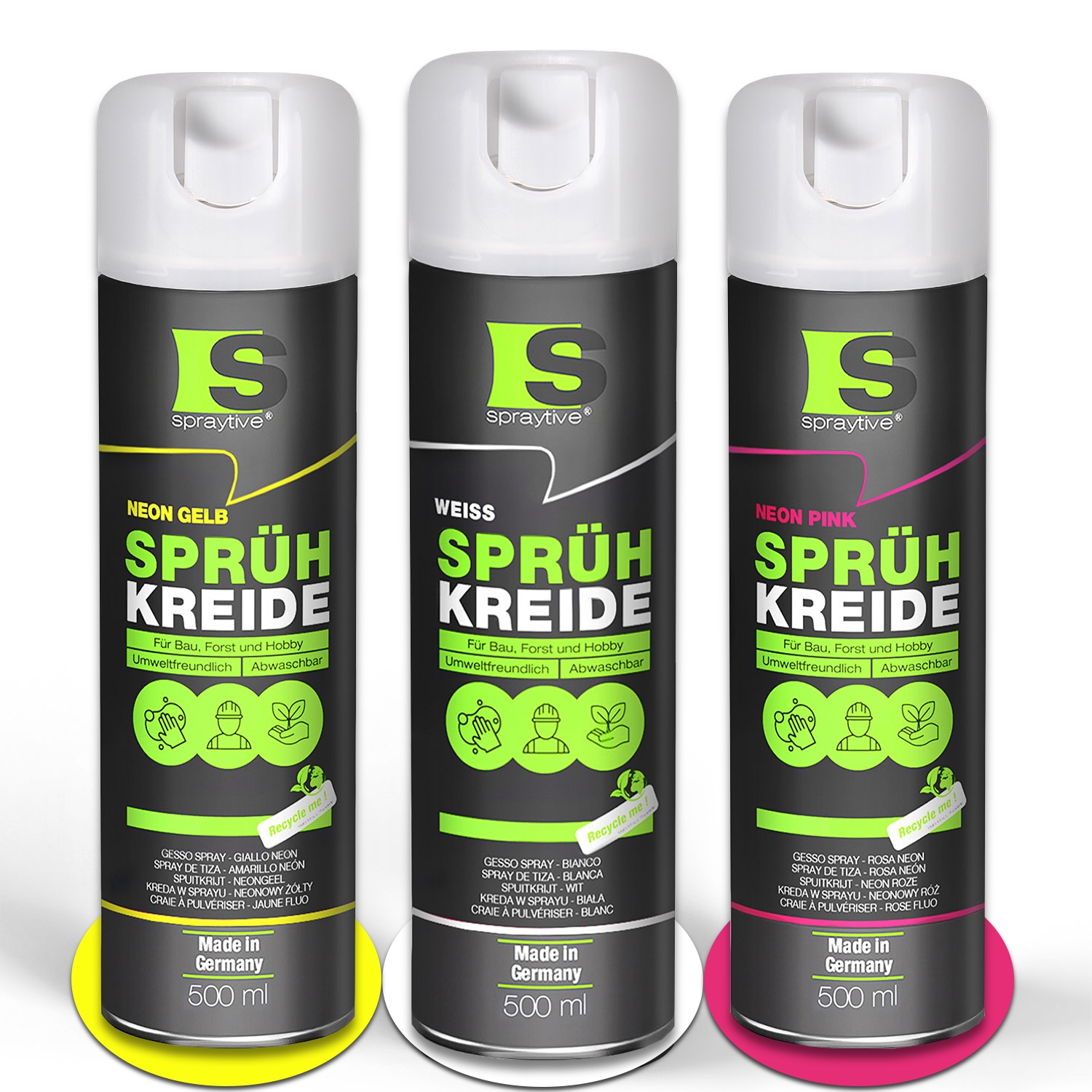 Spraytive Sprühkreide 3er Farben Set - 3 × 500ml (weiß, Neon-gelb, Neon-pink) - Markierungsspray Set Abwaschbar & Temporär, Kreidespray Outdoor