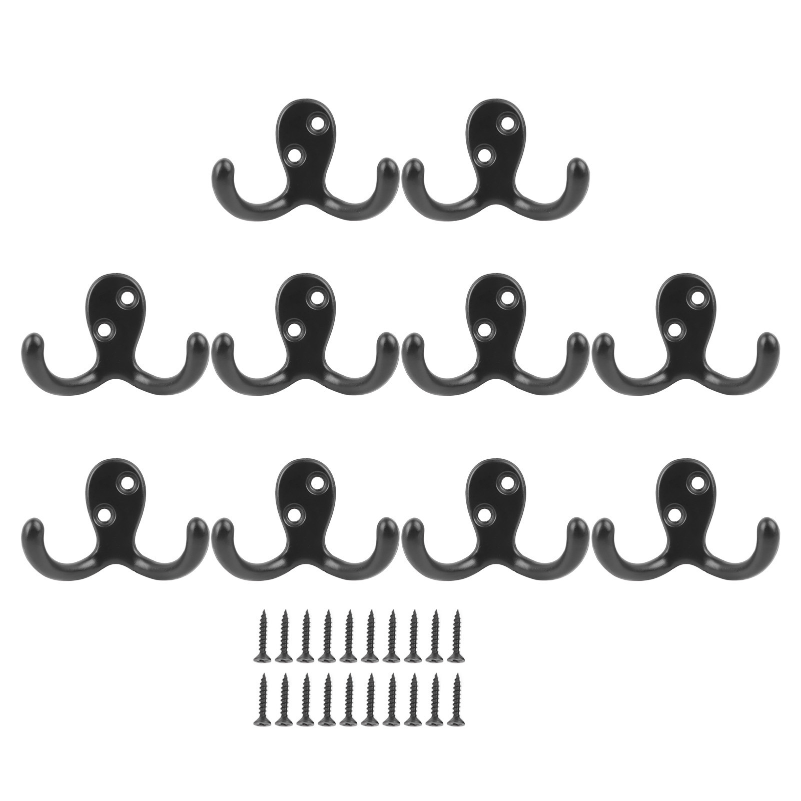 Crochet mural double en alliage de zinc, style rétro noir, 20 vis fournies, lot de 10