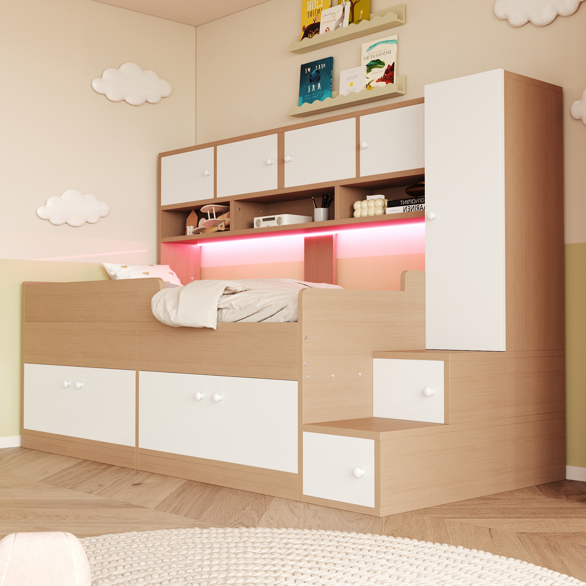 Lit Mezzanine Avec Rangements Intégrés 90x200 Cm - Étagères Escalier + Penderie + Led Colorées - Structure Mdf - Blanc