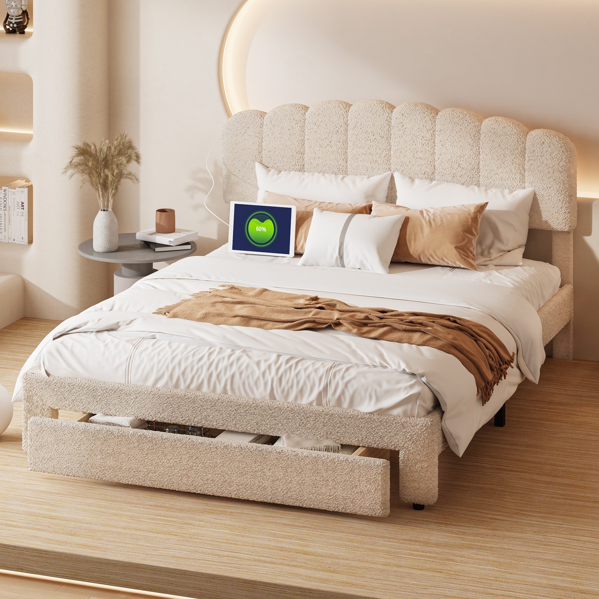 Lit 160x200 Cm,usb Et 1 Tiroir,lit Capitonné En Velours Teddy,tête De