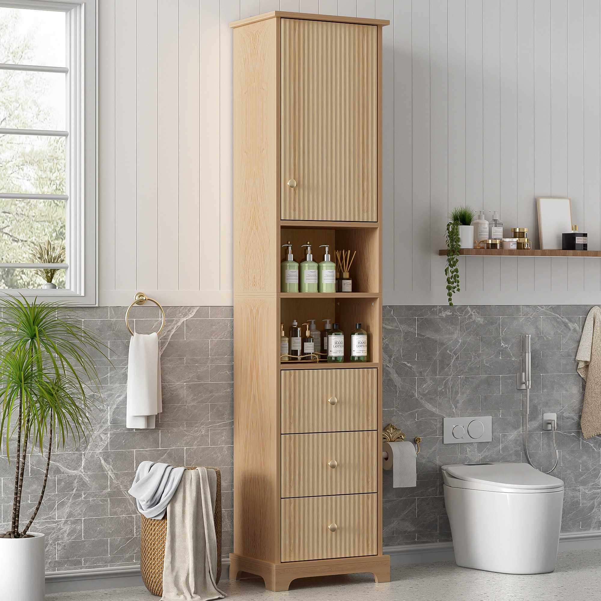 Colonne De Salle De Bain 40 X 30 X 172 Cm, Meuble De Rangement Avec Façades Effet Bois Rainuré, 3 Tiroirs, 1 Porte, 2 Niches Ouvertes Et Étagère Réglable, Coloris Bois Naturel