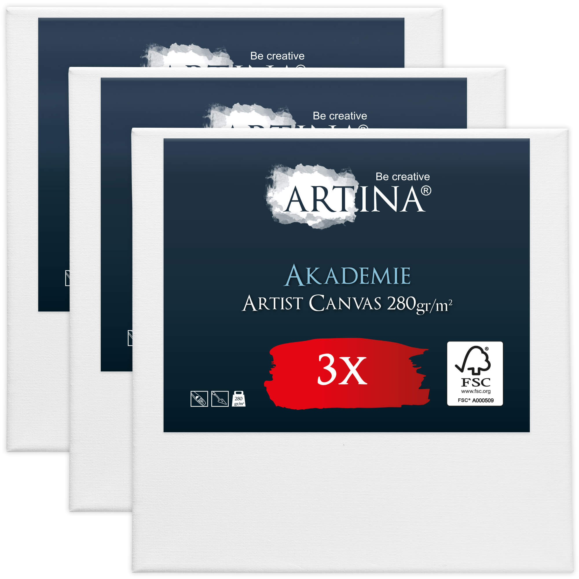Artina Keilrahmen Leinwand Akademie, 50x50cm, 3er Set