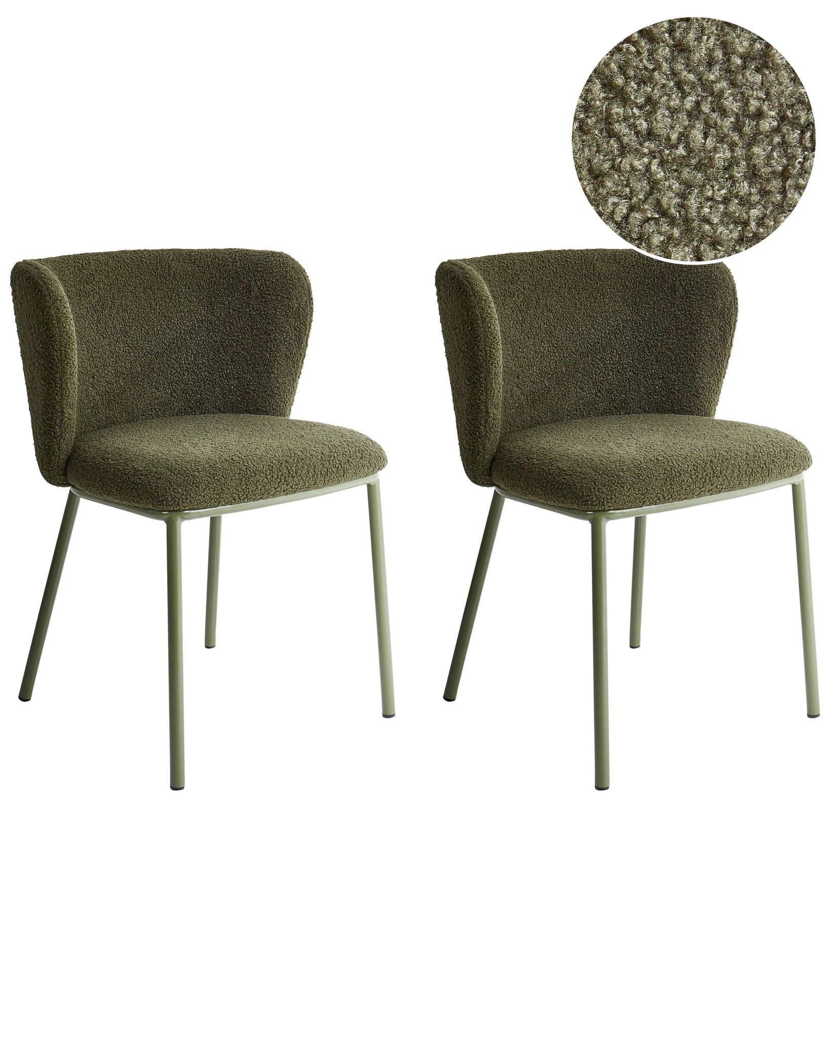 Beliani Set Of 2 Modern Dining Chairs Fabric Boucle Upholstered Seat Armless Curved Back Green Legs Dark Green Mina Ii