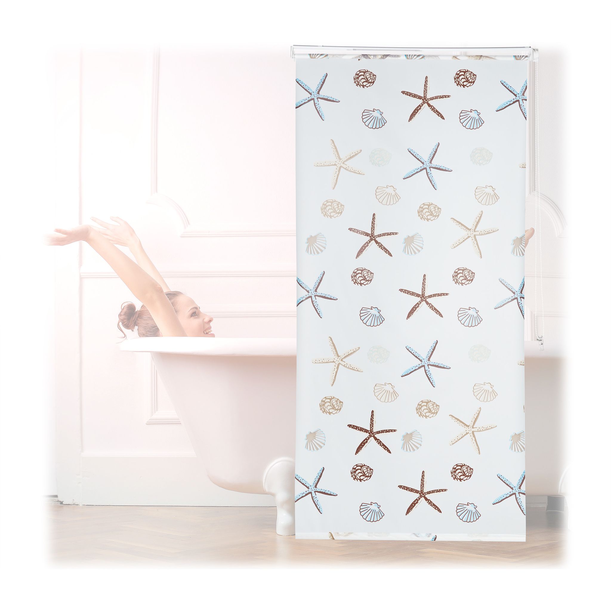 Tenda A Rullo Ocean, Impermeabile, Vasca, Doccia, Conchiglie, Montaggio A Soffitto, 100x240 Cm, Semitrasparente - Relaxdays