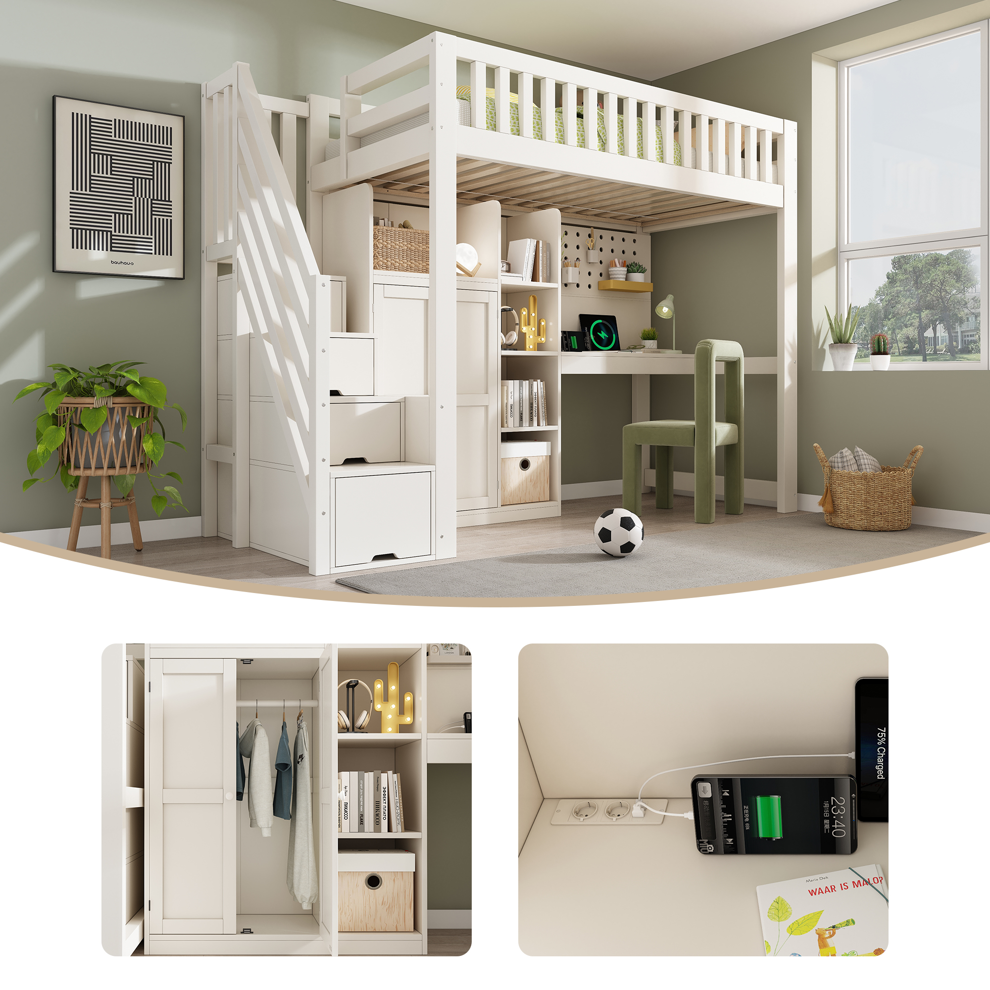 Lit Mezzanine Enfant Blanc 90x200cm Avec Bureau