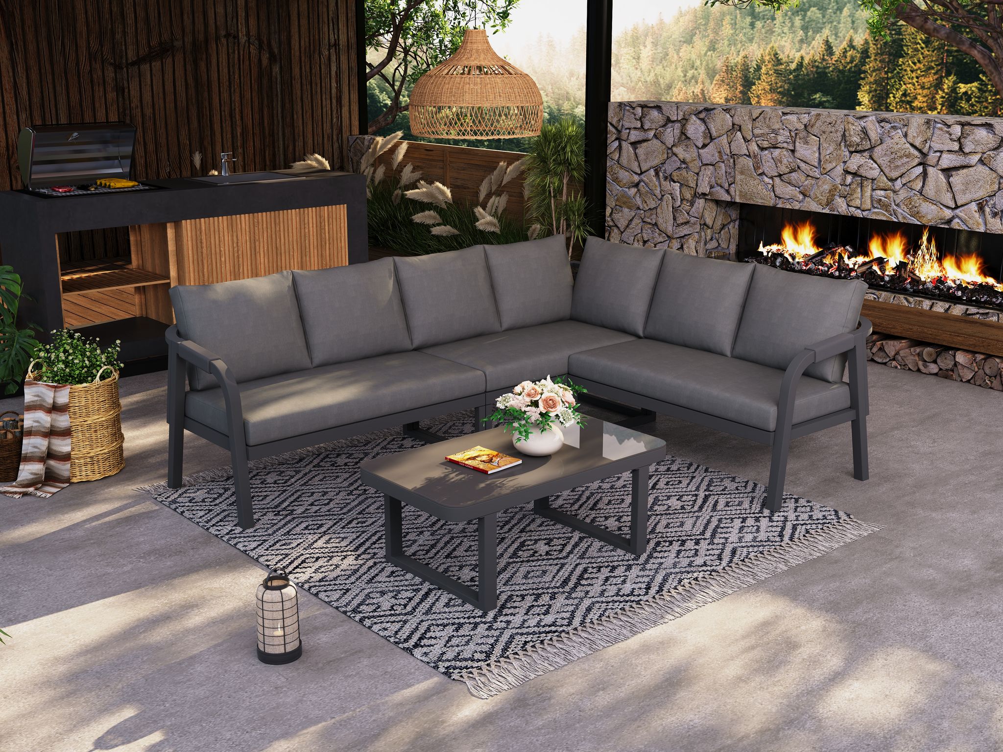 Okwish Gartenlounge Eckset 6-tlg Mit Ecksofa Und Couchtisch, Aus Stahl Und Grauem Polyester