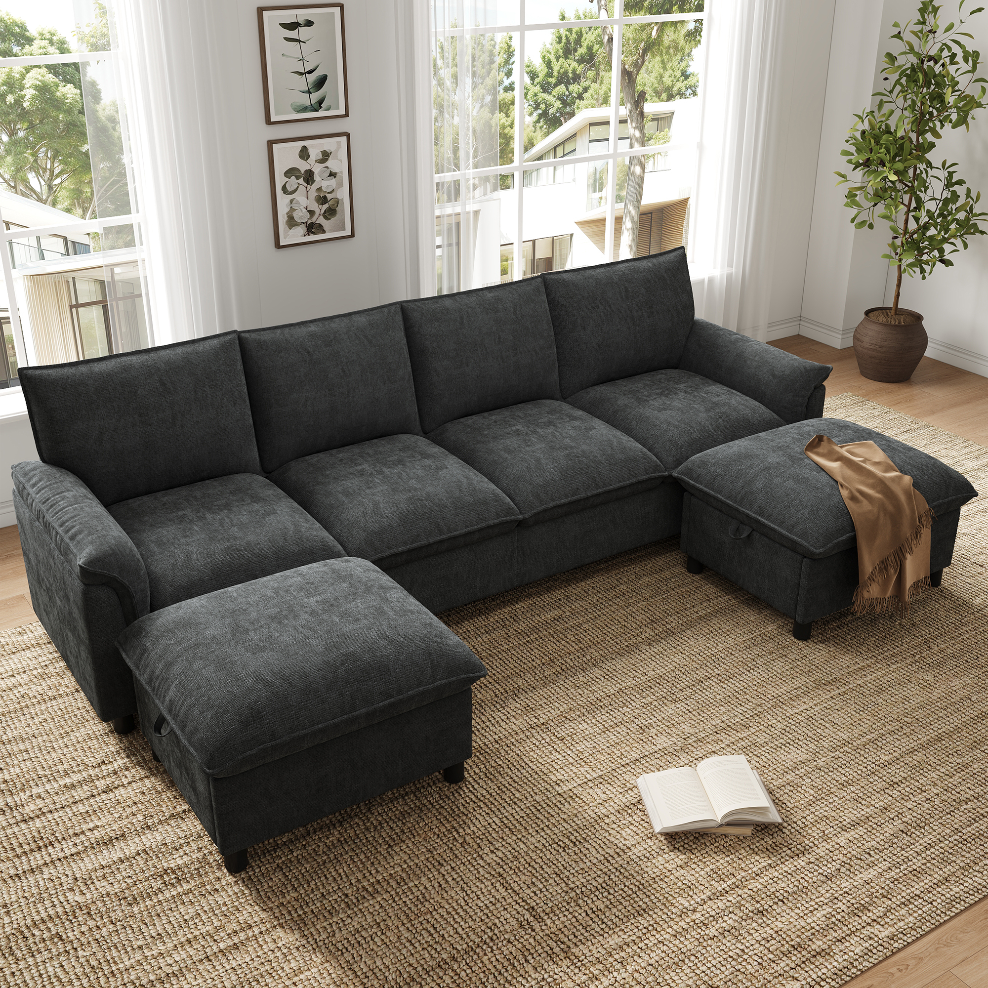 Canapé D'Angle Modulable En U/l Avec 2 Repose-pieds Mobiles, Dossier Haut,canapé 6 Places En Chenille,adapté Pour Le Salon,l'appartement,gris