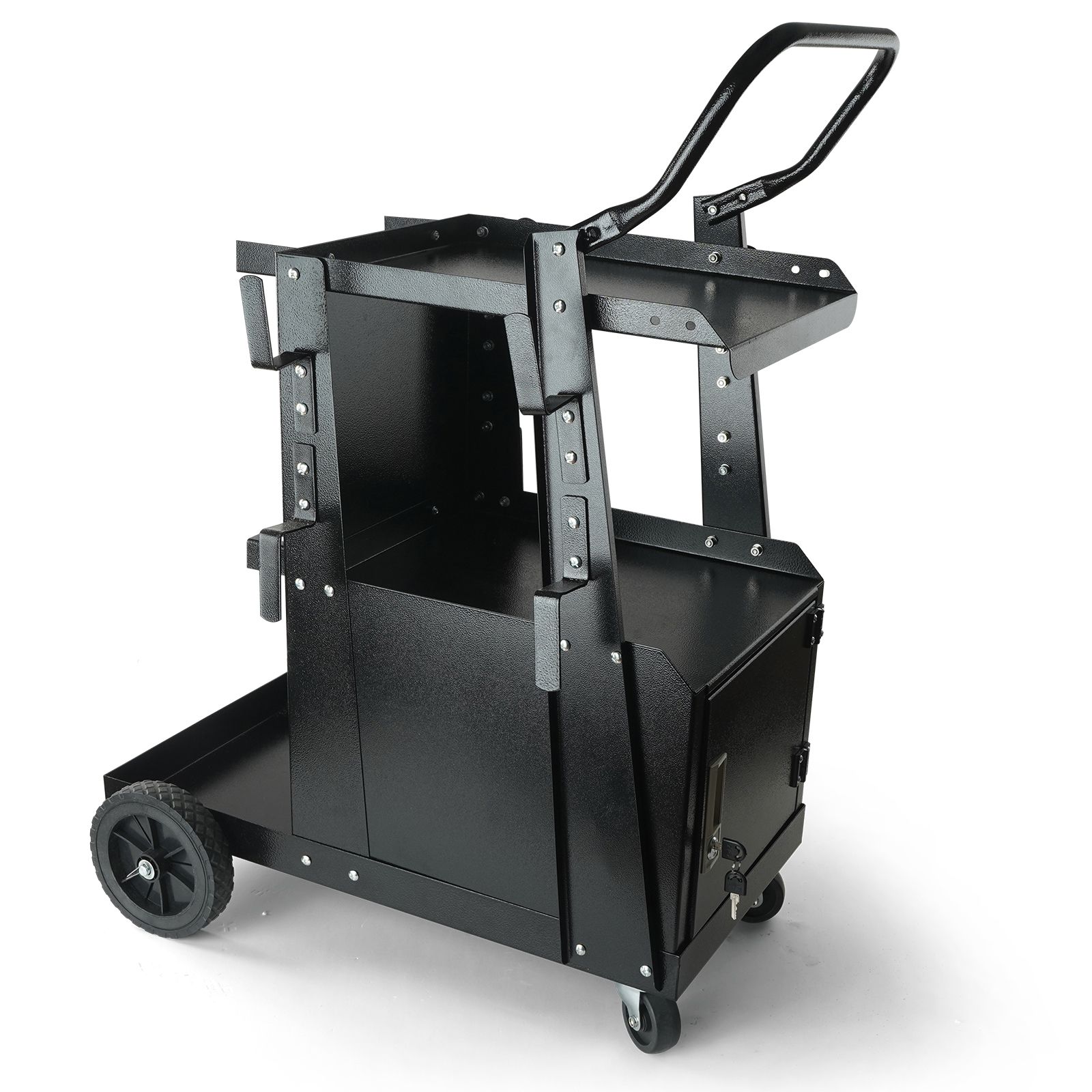 Chariot de soudage 2 étages sur roues pivotantes 360°, capacité 120 kg, armoire verrouillable et chaînes de sécurité, lot de 1