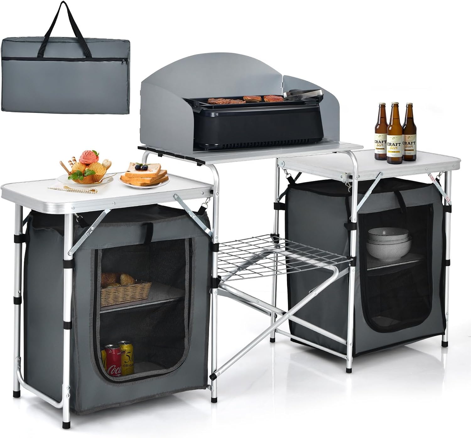 Goplus Cuisine Camping Exterieur,table Placard Pliable De Camping Avec Sac De Transport, Pliante Avec Étagère De Rangement, Pare-vent, Station De Cuisson Portable Pour Barbecue