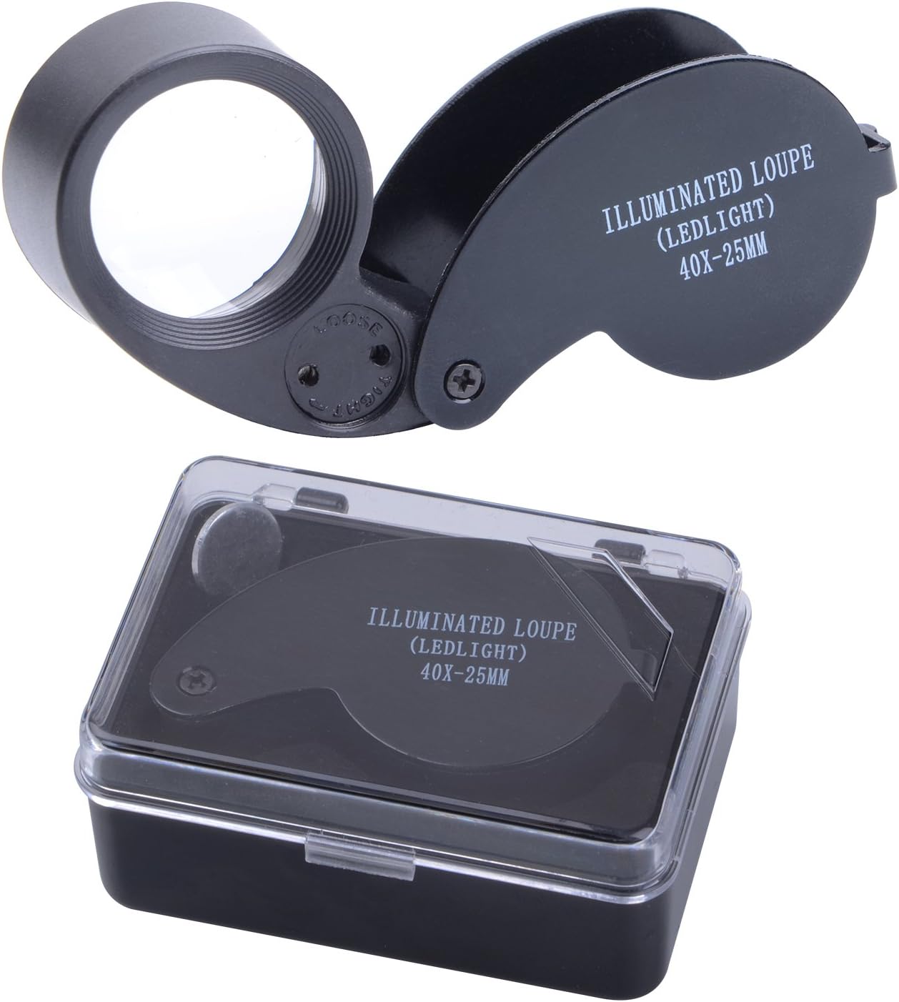 Loupe de poche 40x avec éclairage LED, lentille 25 mm, piles LR927 fournies