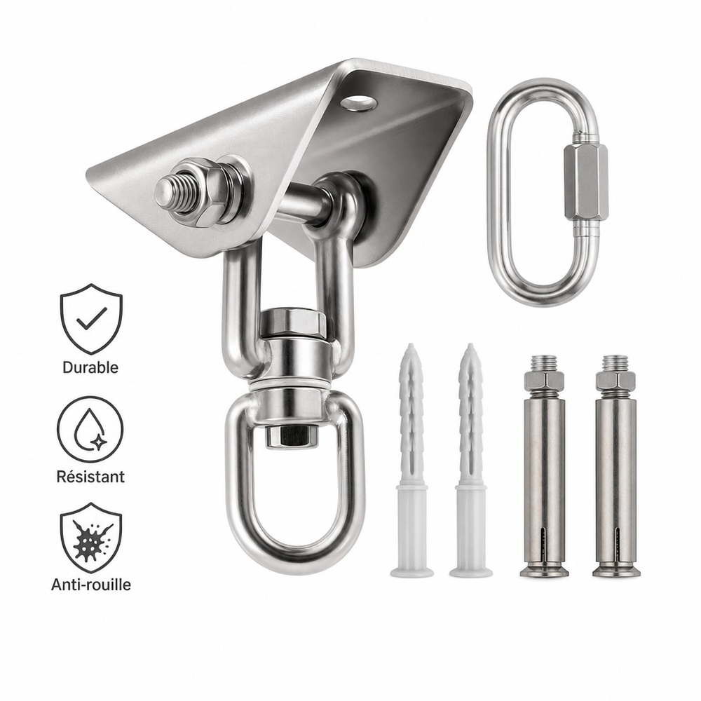 Crochet de suspension 304 inox forme plate 70 mm avec écrou, pour balançoire, hamac et sac de boxe