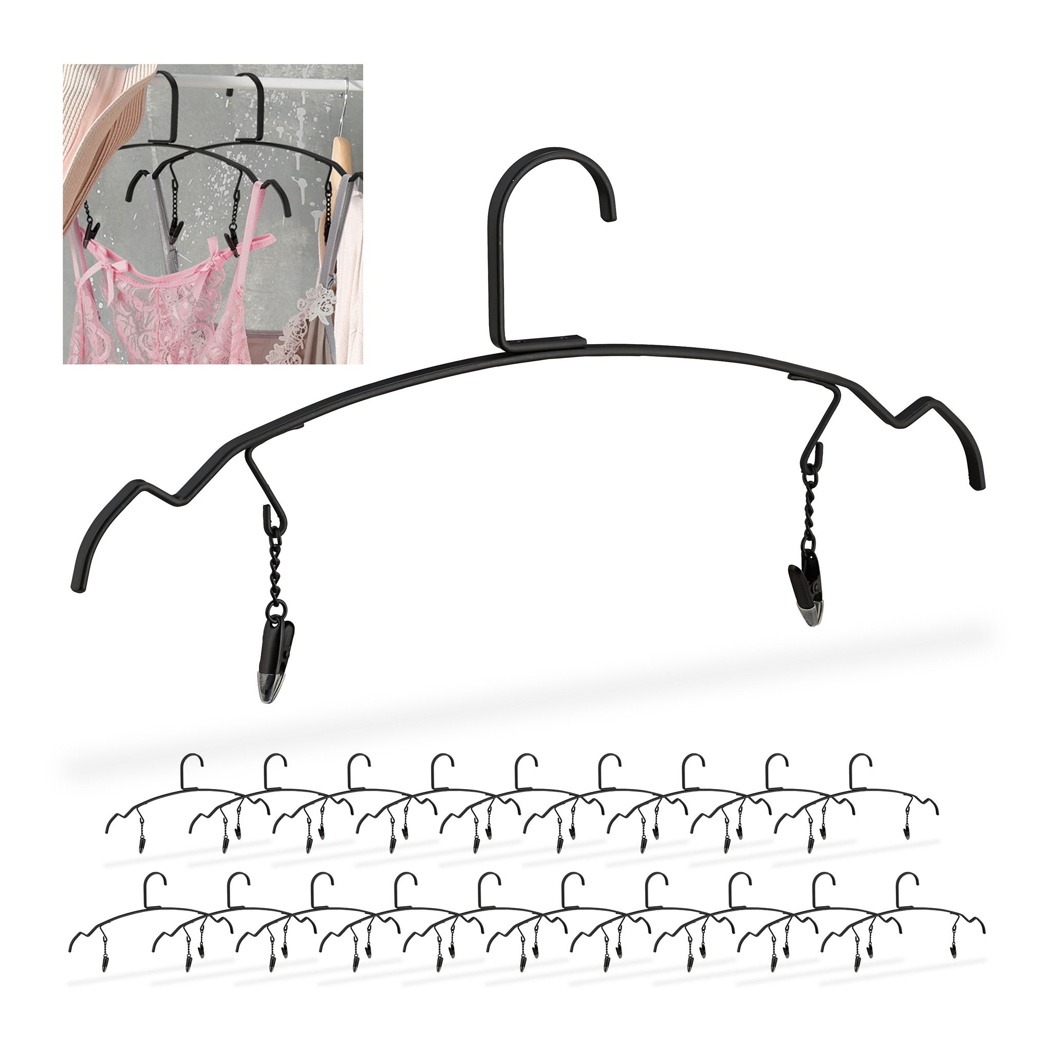 Relaxdays 20 X Kleiderbügel, Dessous & Lingerie Bügel Mit 2 Klammern, Unterwäschebügel Metall, 33 Cm Breit, Clipbügel, Schwarz