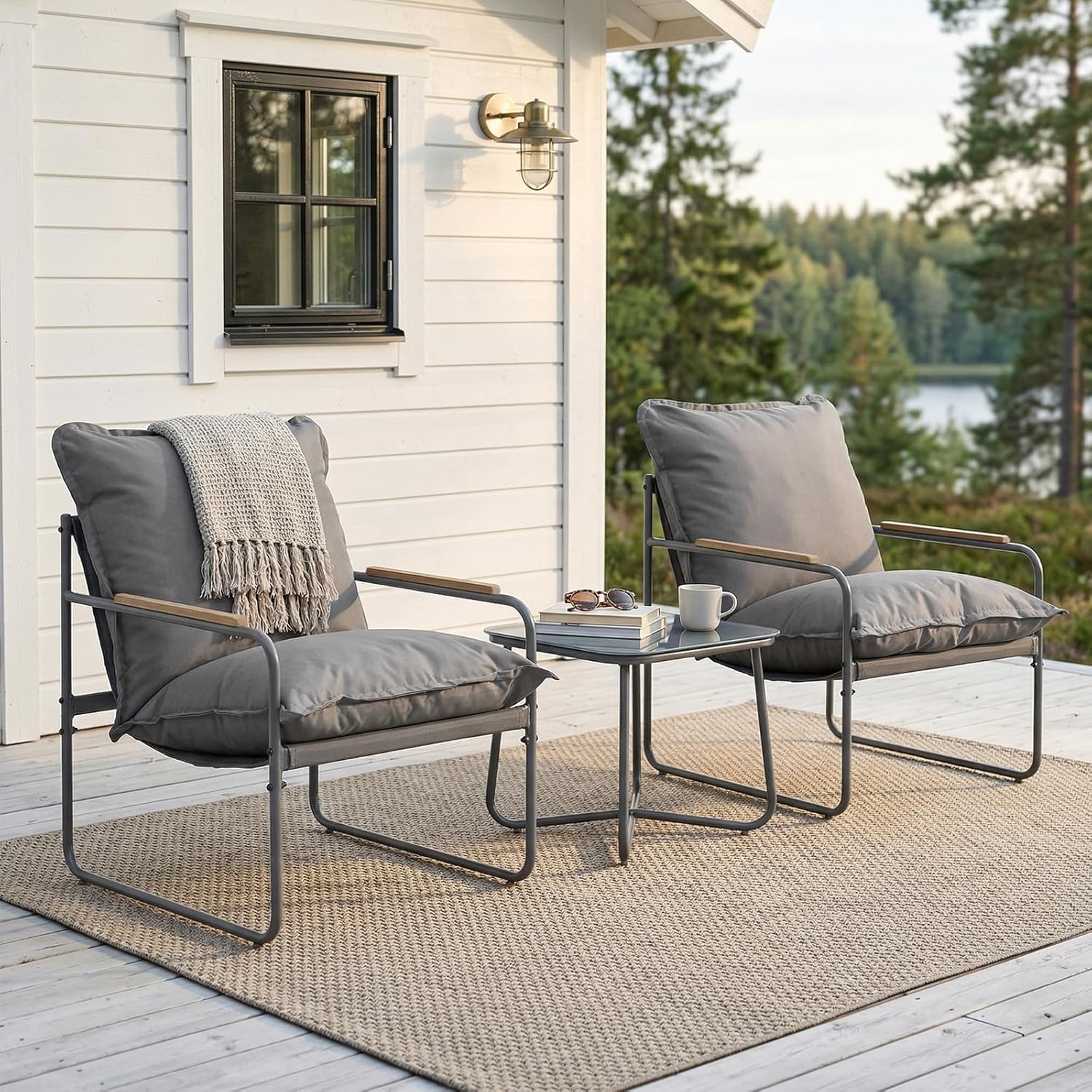Woltu – Ensemble Table Et Chaises De Jardin 2 Places – Métal Gris Avec Coussins Déperlant – Table Basse Carrée En Verre – Montage Simple