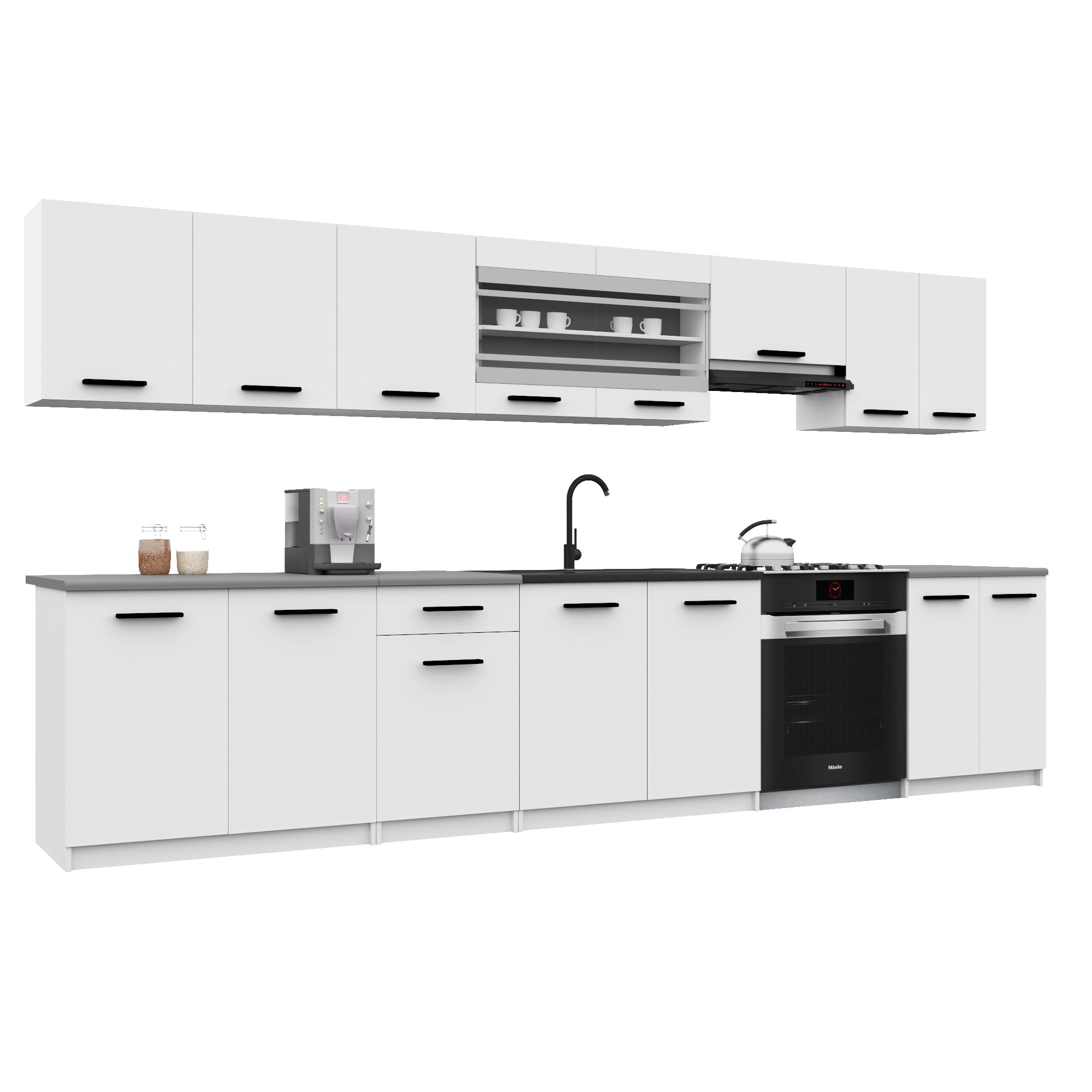 Belini Italia 3 Cuisine Equipée Modulaire Complète - 320 Cm. Meubles Hauts Bas Avec Plan De Travail, Blanc Mat