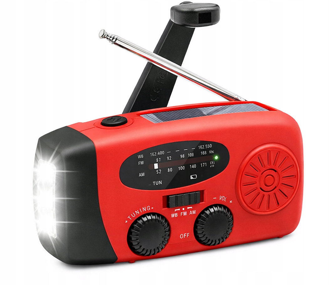 Radio Solare Portatile Sanelite Con Antenna A Manovella, Torcia E Power Bank 3 In 1.