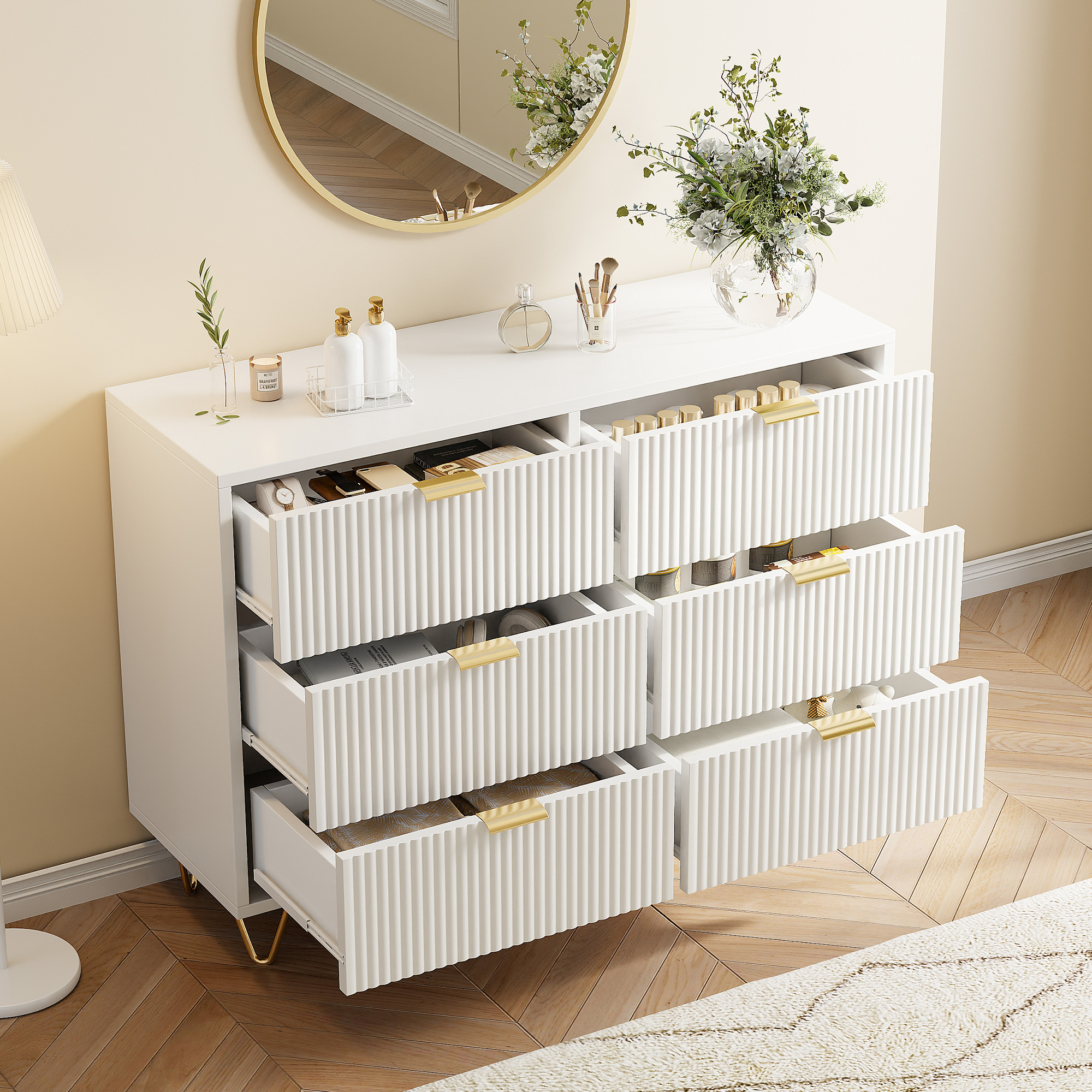 Pergar – Commode Blanche 6 Tiroirs 100x34x73 Cm – Mdf + Métal – Motif