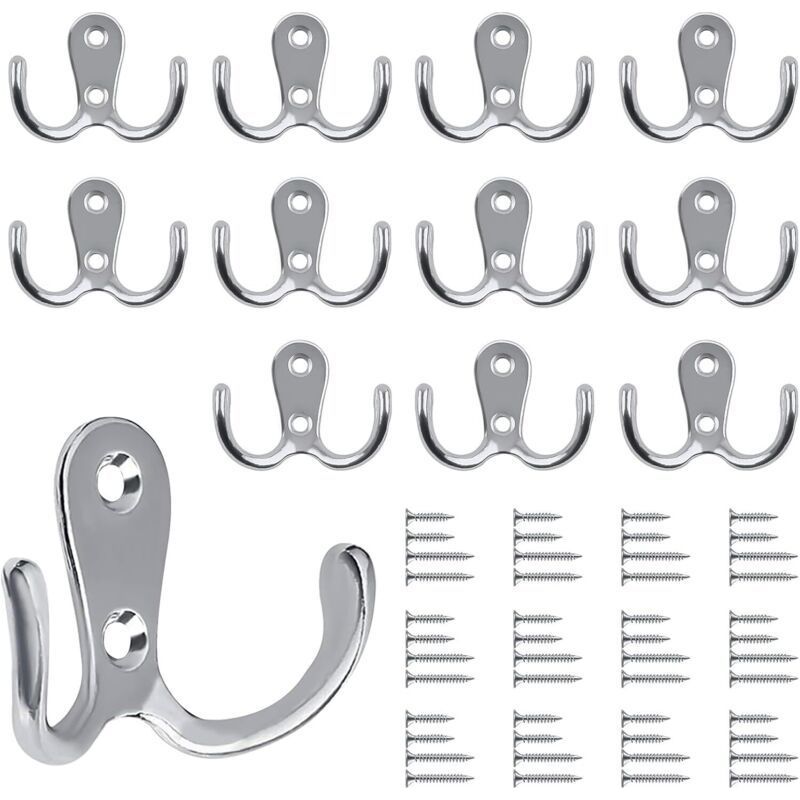 Crochet mural double en alliage de zinc argenté, charge 15 kg, 48 vis fournies, lot de 12