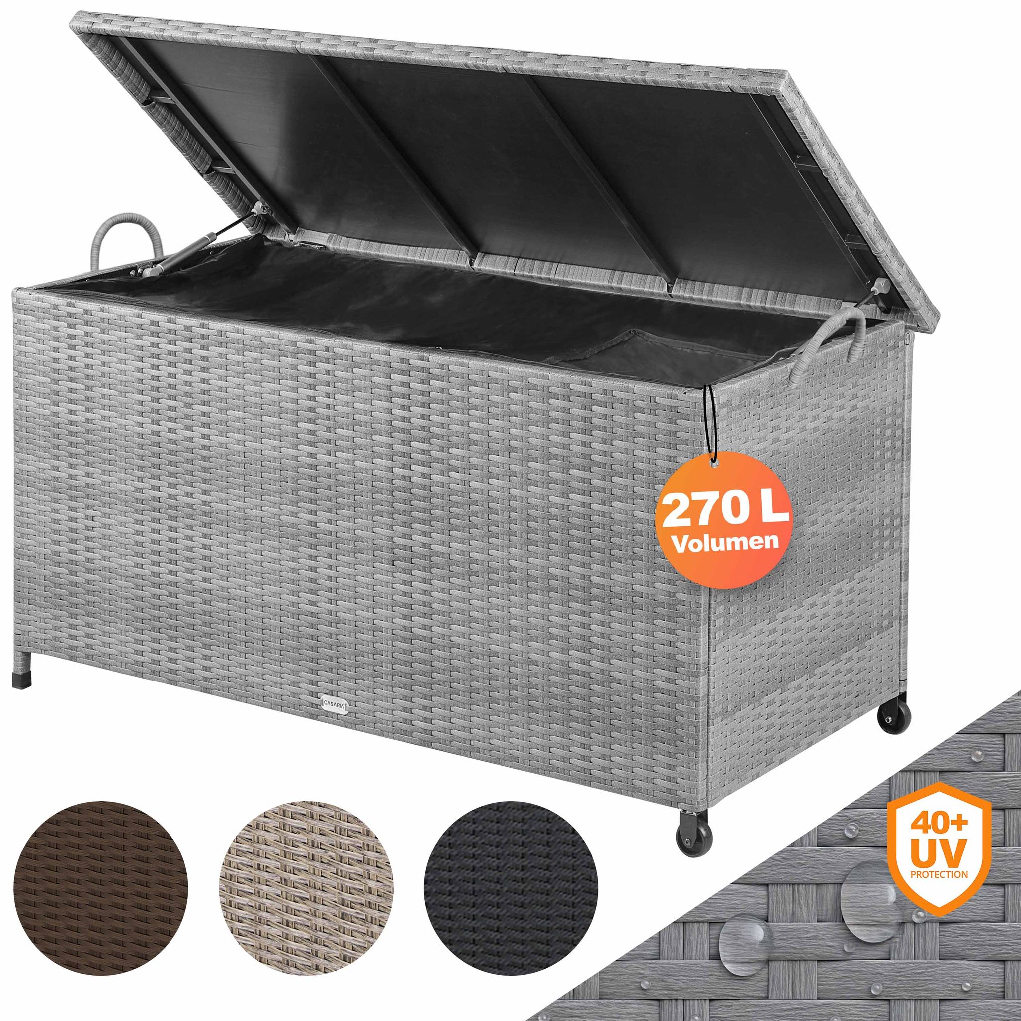 Gartenbox Auflagenbox Mit Rollen 270l Stauraum Uv-beständig Handgriffe Gasdruckfeder Wetterfest 117x53cm Garten Balkon Aufbewahrungsbox Grau - Casaria
