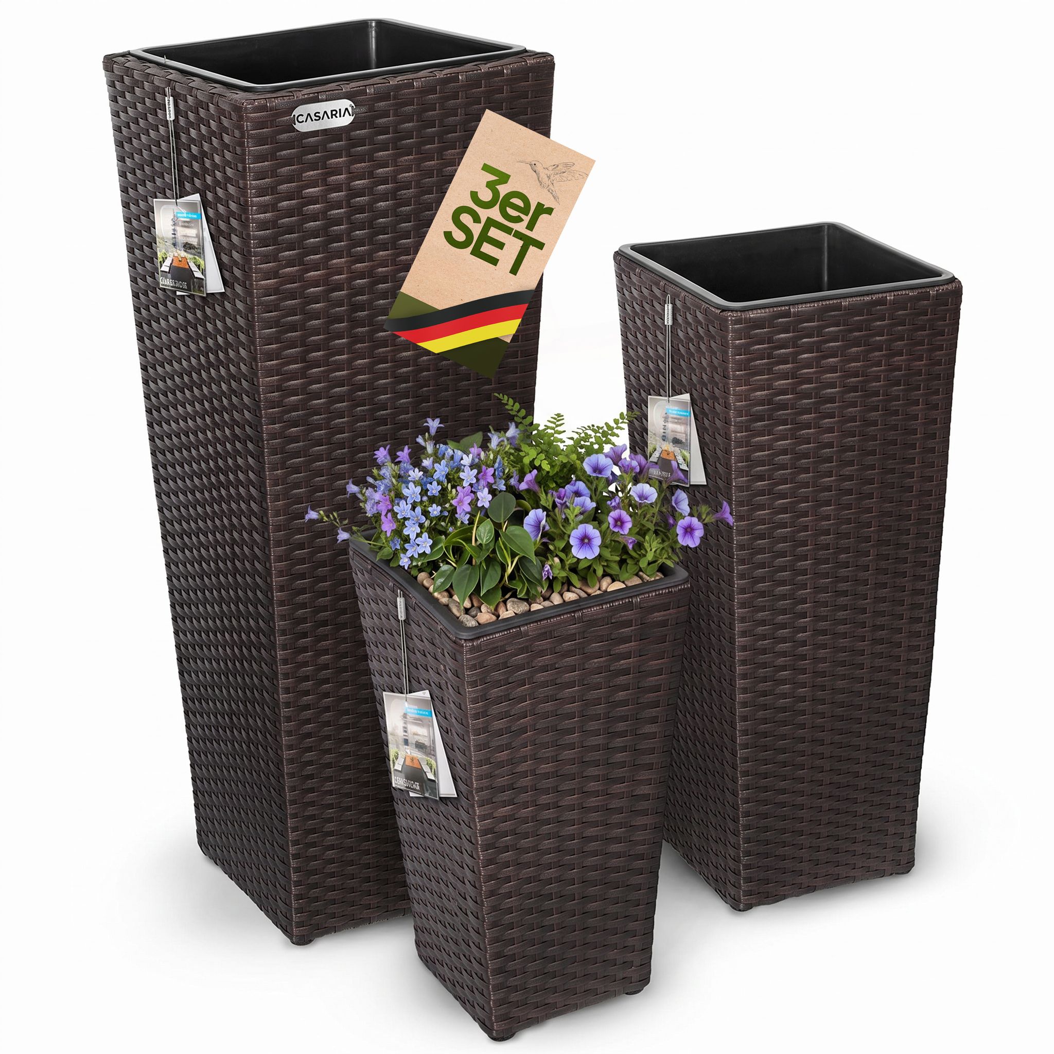 Deuba Casaria Set de 3 Macetas para Plantas Flores Macetero de Poliratán