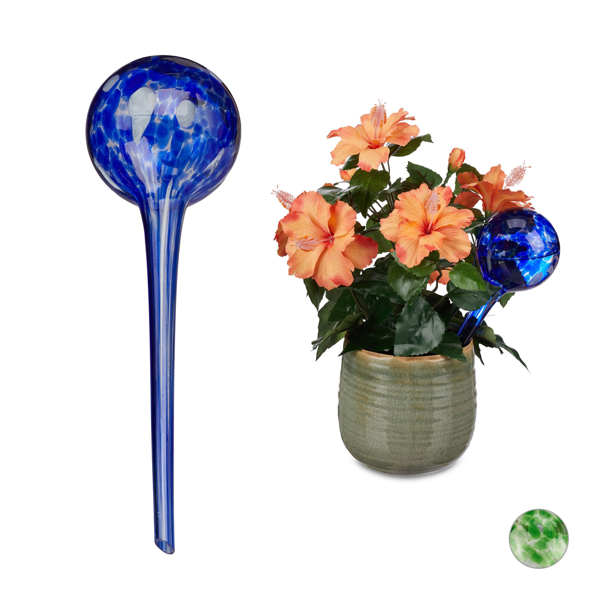 Relaxdays, Set 2 Sfere Irrigazione, Dosata Per Piante, Vaso, Aiuto Annaffiatura Ufficio/vacanza, Vetro Ø9 Cm, Blu