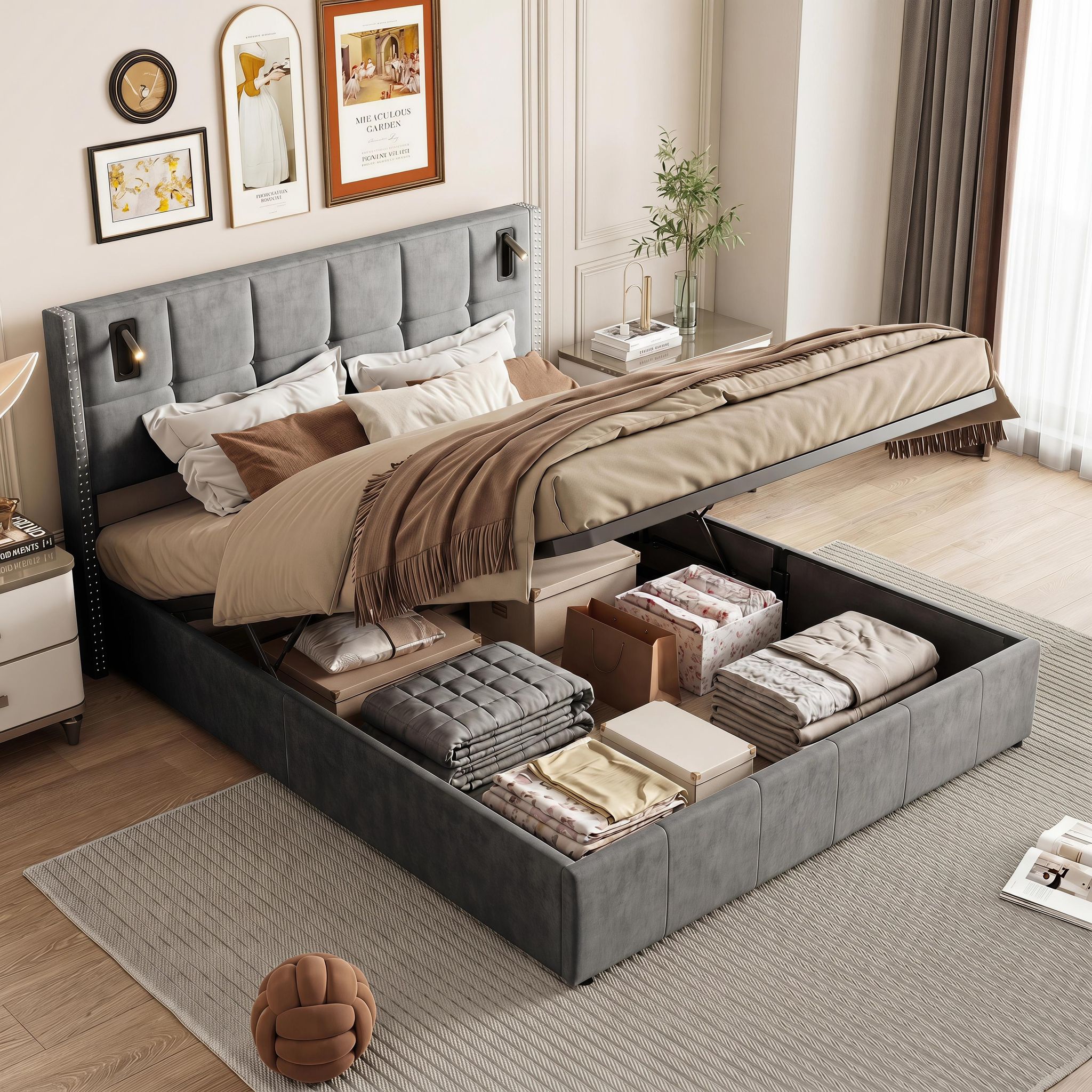 Lit Coffre 160x200 Cm Avec Led Et Lampe De Lecture，chargement